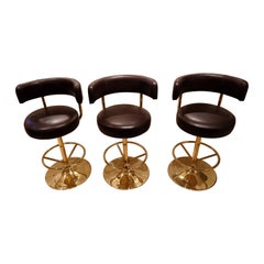 Börje Johanson set of Three Barstools in brown Leatherette 1970s Brass