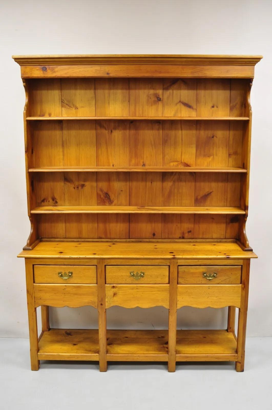 Borkholder Furniture Pine Wood Primitive Farmhouse Amish Open Hutch Cupboard. Item features 3 dovetailed drawers, solid knotty pine wood construction, brass hardware, beautiful wood grain, original makers tag, 2 part construction. Circa Late 20th
