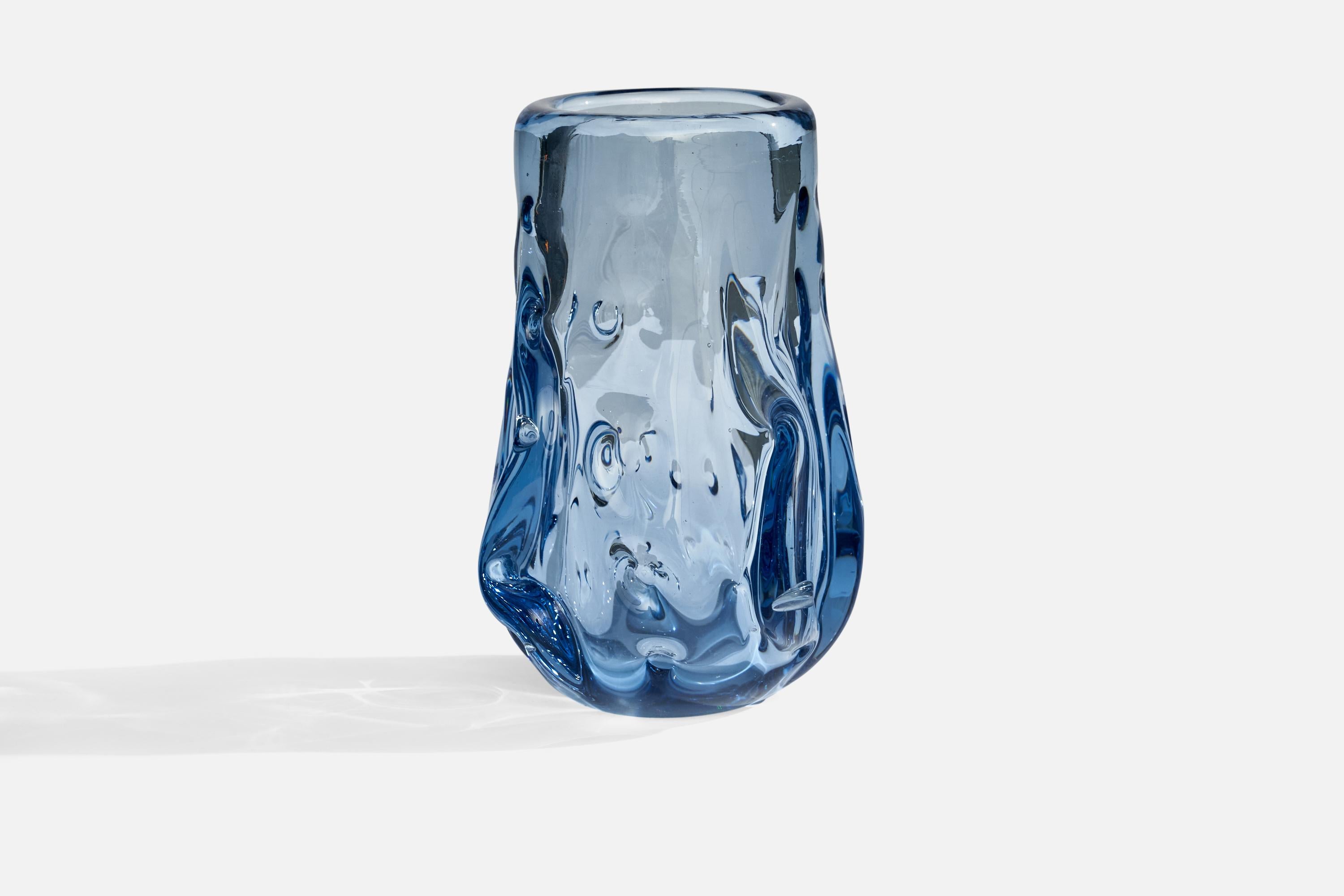 A organic blue-colored blown glass vase designed by Börne Augustsson and produced by Åseda Glasbruk, Sweden, c. 1940s.