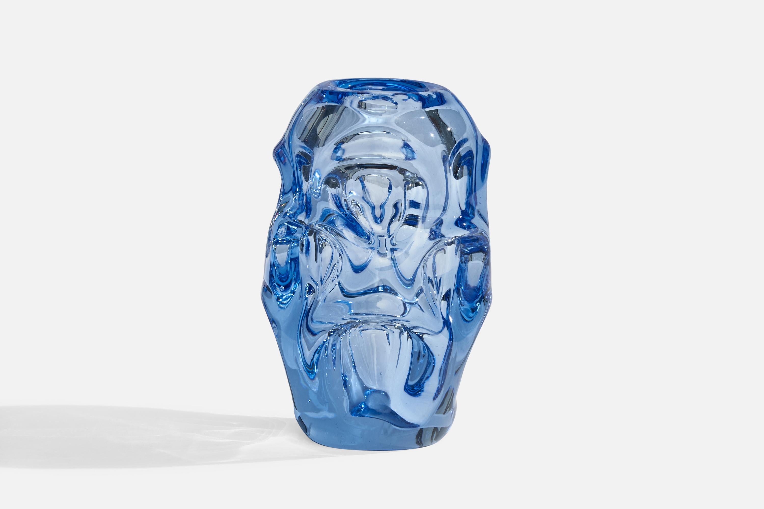 A organic blue-colored blown glass vase designed by Börne Augustsson and produced by Åseda Glasbruk, Sweden, c. 1940s.