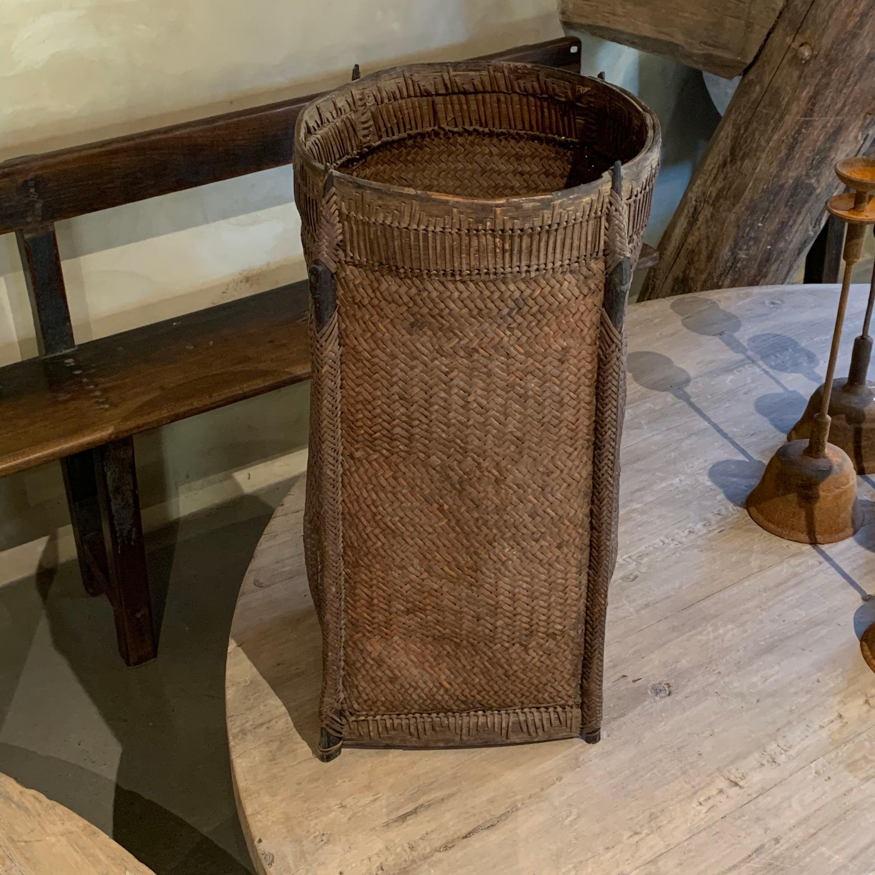 Hand-Woven Borneo Decorative Woven Pattern Tall Basket, Indonesia, 1920s