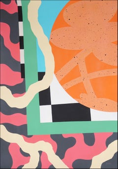 Peinture abstraite, fleurs urbaines aux motifs orange, rouge et noir, inspirée des années 90