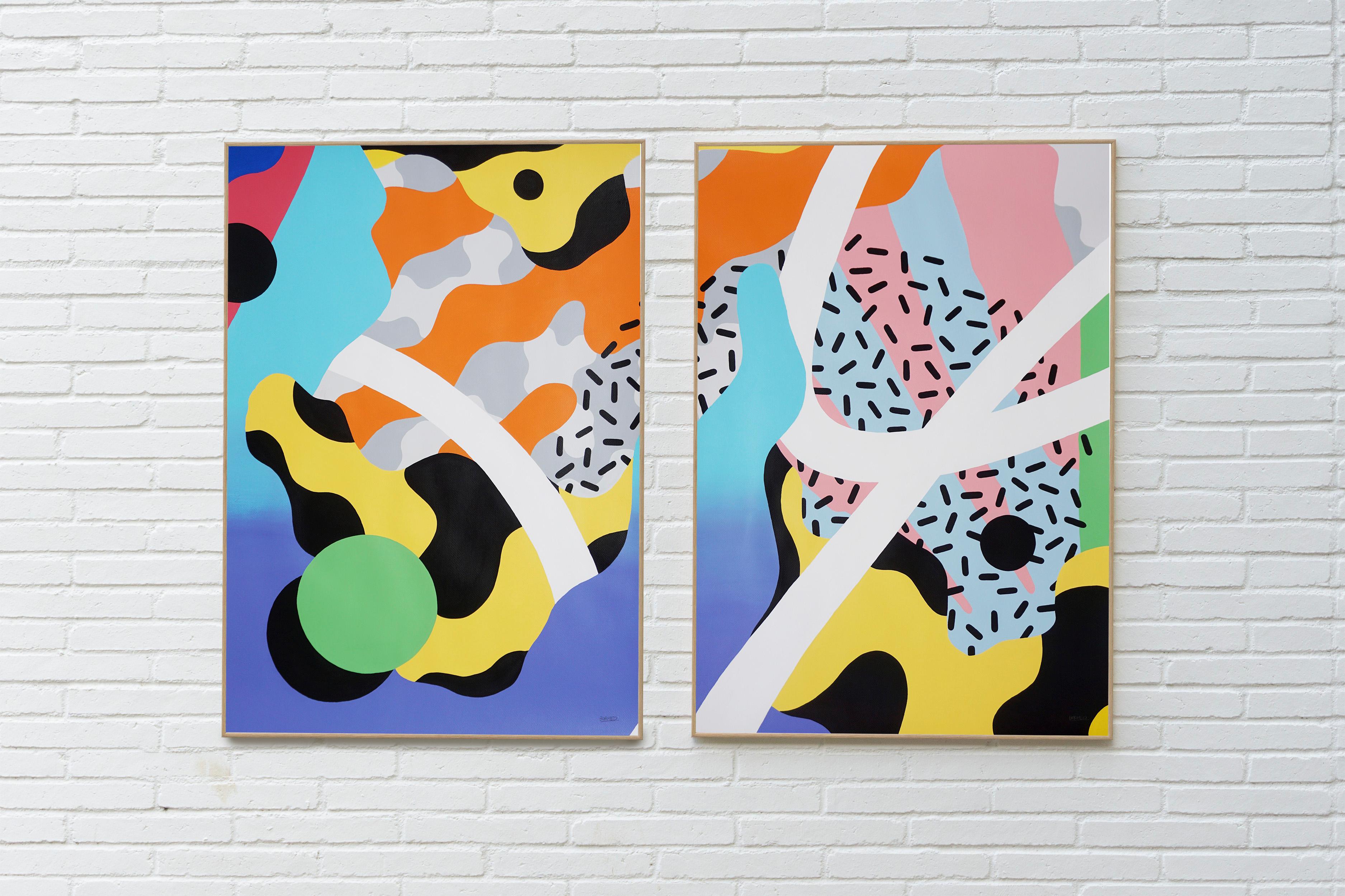 Diptyque de formes abstraites, peinture originale, bleu, jaune, graffiti Nineties Flow - Painting de Borneo, Maikol Dasousa 