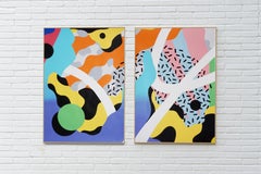 Abstract Shapes Diptych, Original Painting, Blue, Yellow, Graffiti Nineties Flow