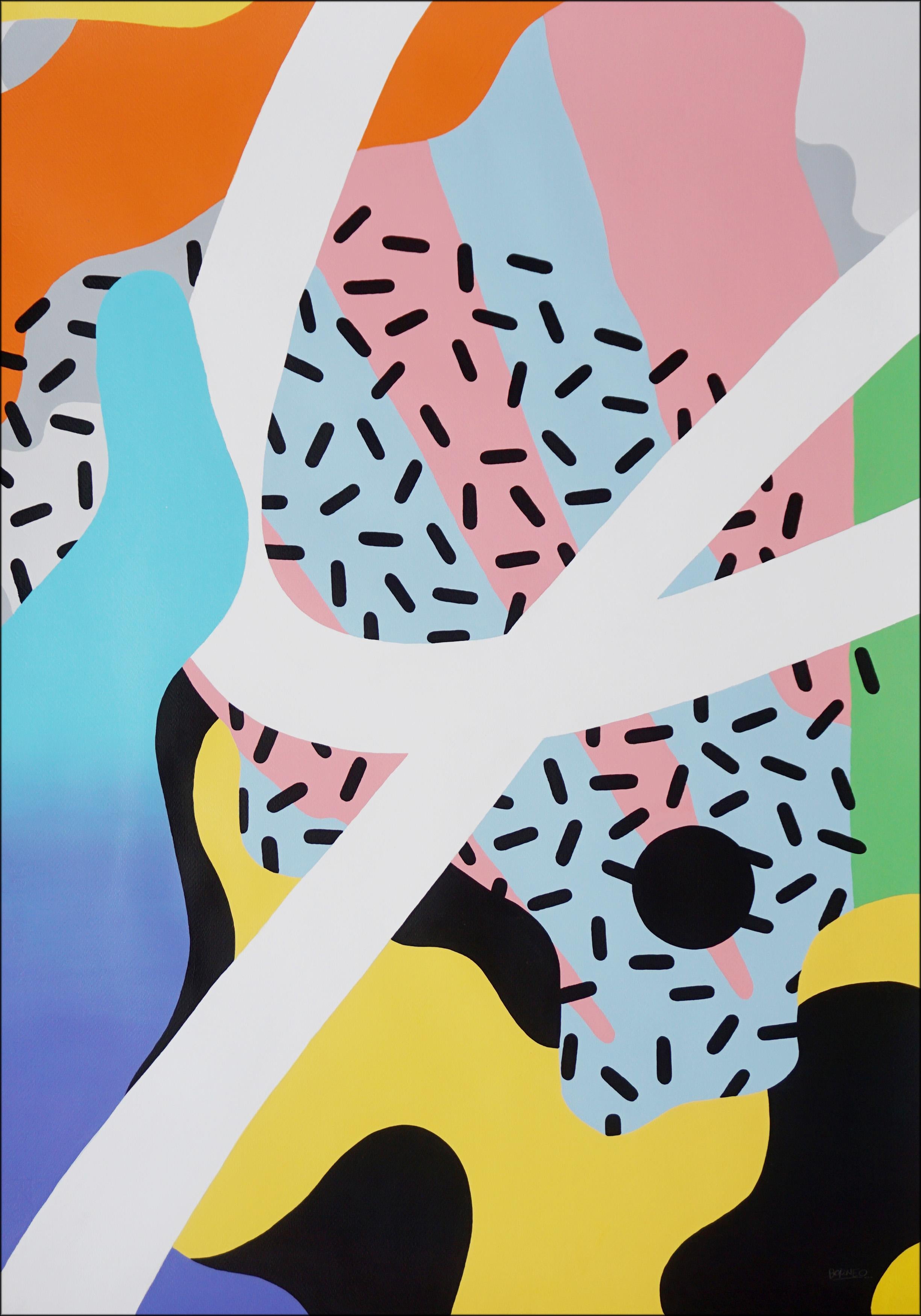 Diptyque de formes abstraites, peinture originale, bleu, jaune, graffiti Nineties Flow en vente 1