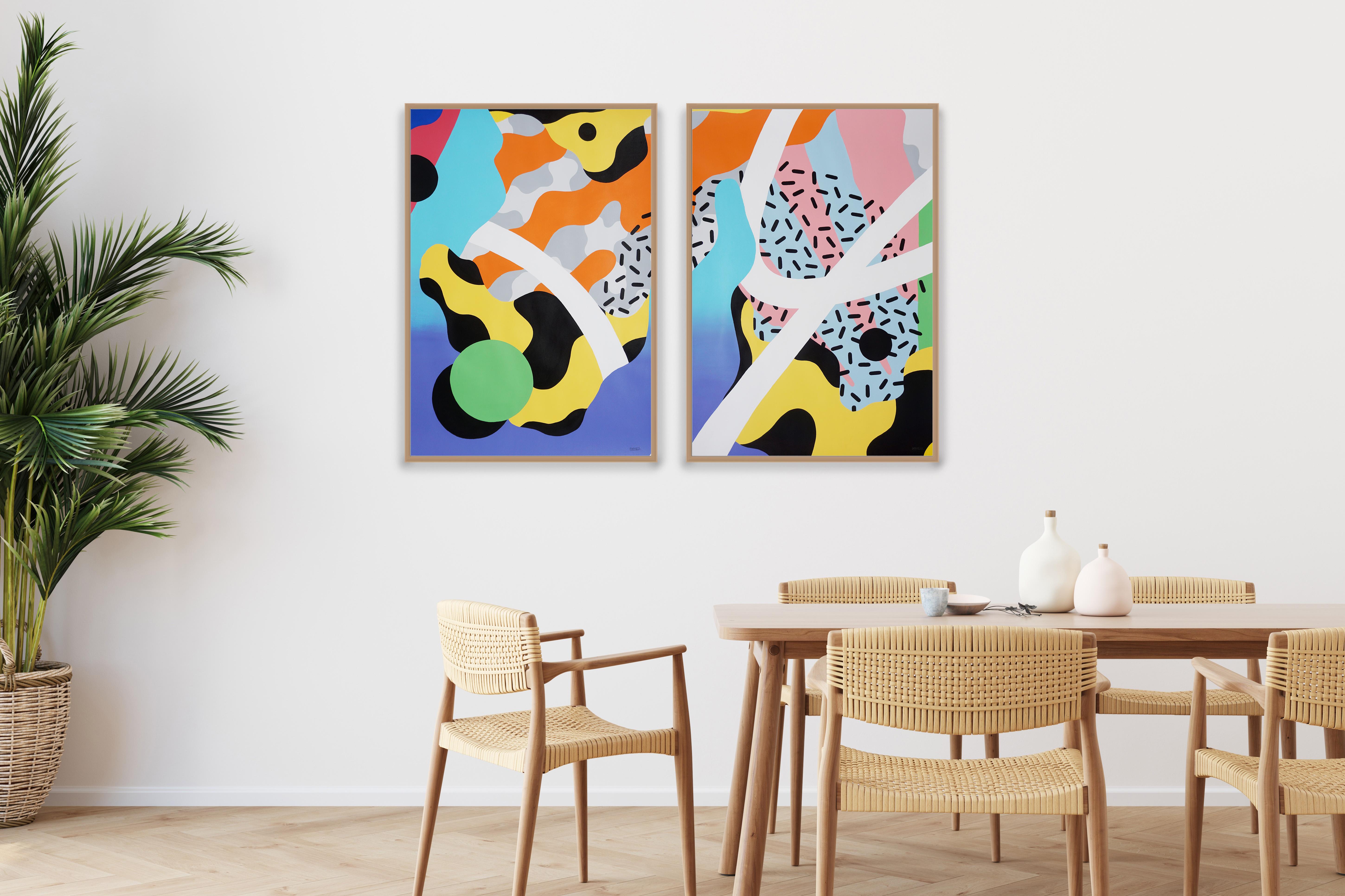 Diptyque de formes abstraites, peinture originale, bleu, jaune, graffiti Nineties Flow en vente 2