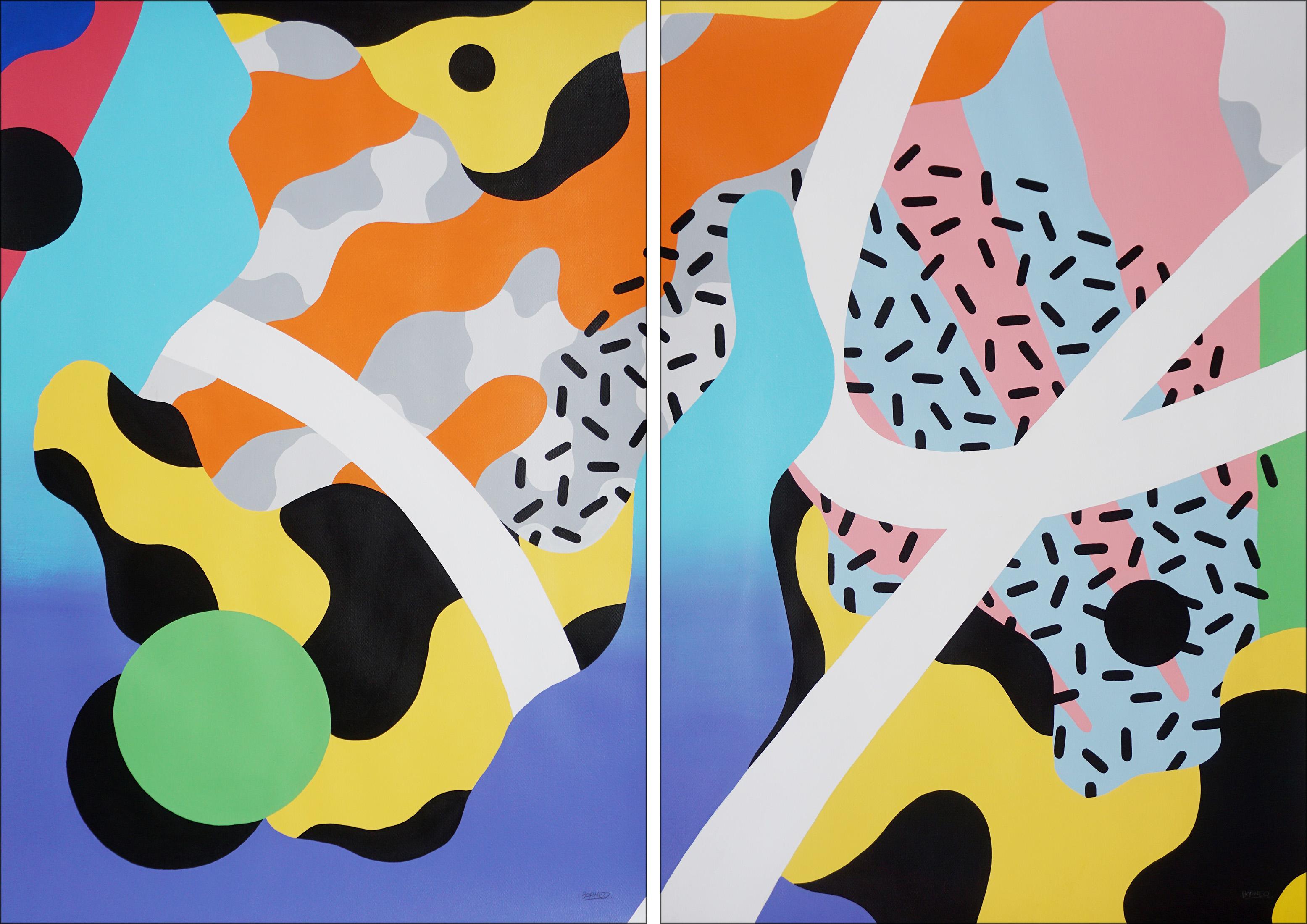 Abstract Painting Borneo, Maikol Dasousa  - Diptyque de formes abstraites, peinture originale, bleu, jaune, graffiti Nineties Flow
