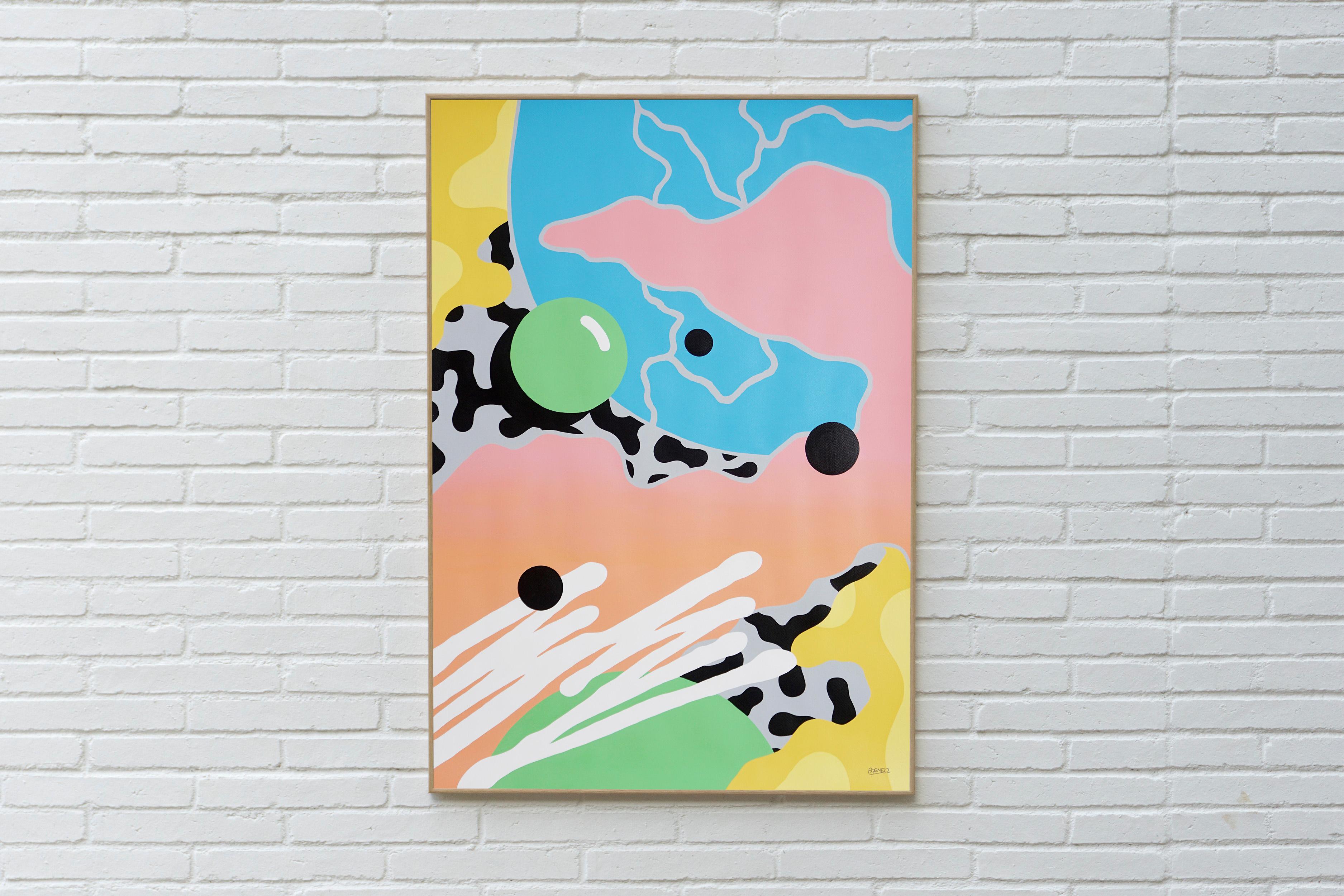 Quadro di forme astratte in toni pastello, flusso urbano anni Novanta, corallo, turchese - Painting di Borneo, Maikol Dasousa 