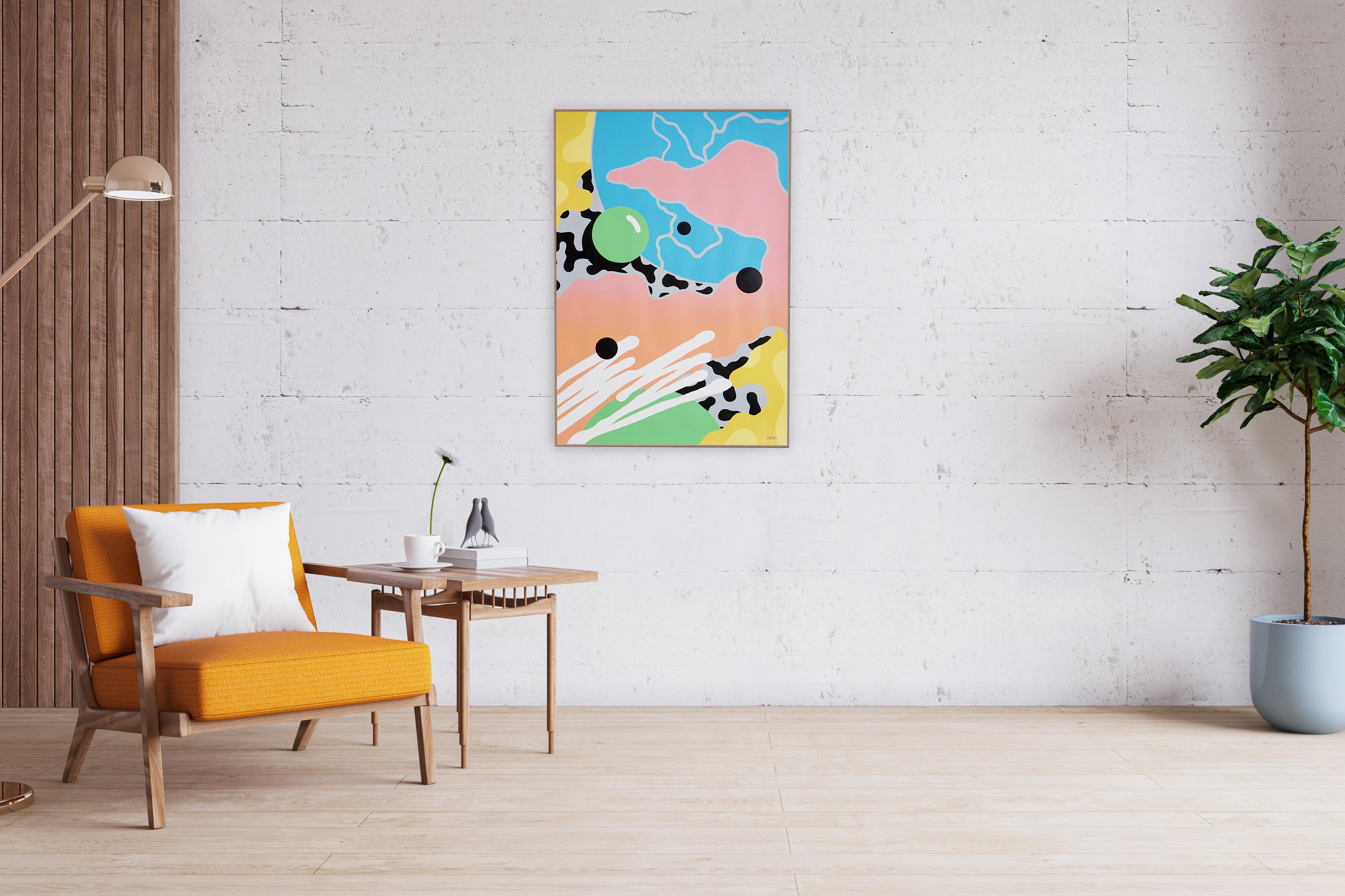 Quadro di forme astratte in toni pastello, flusso urbano anni Novanta, corallo, turchese in vendita 1