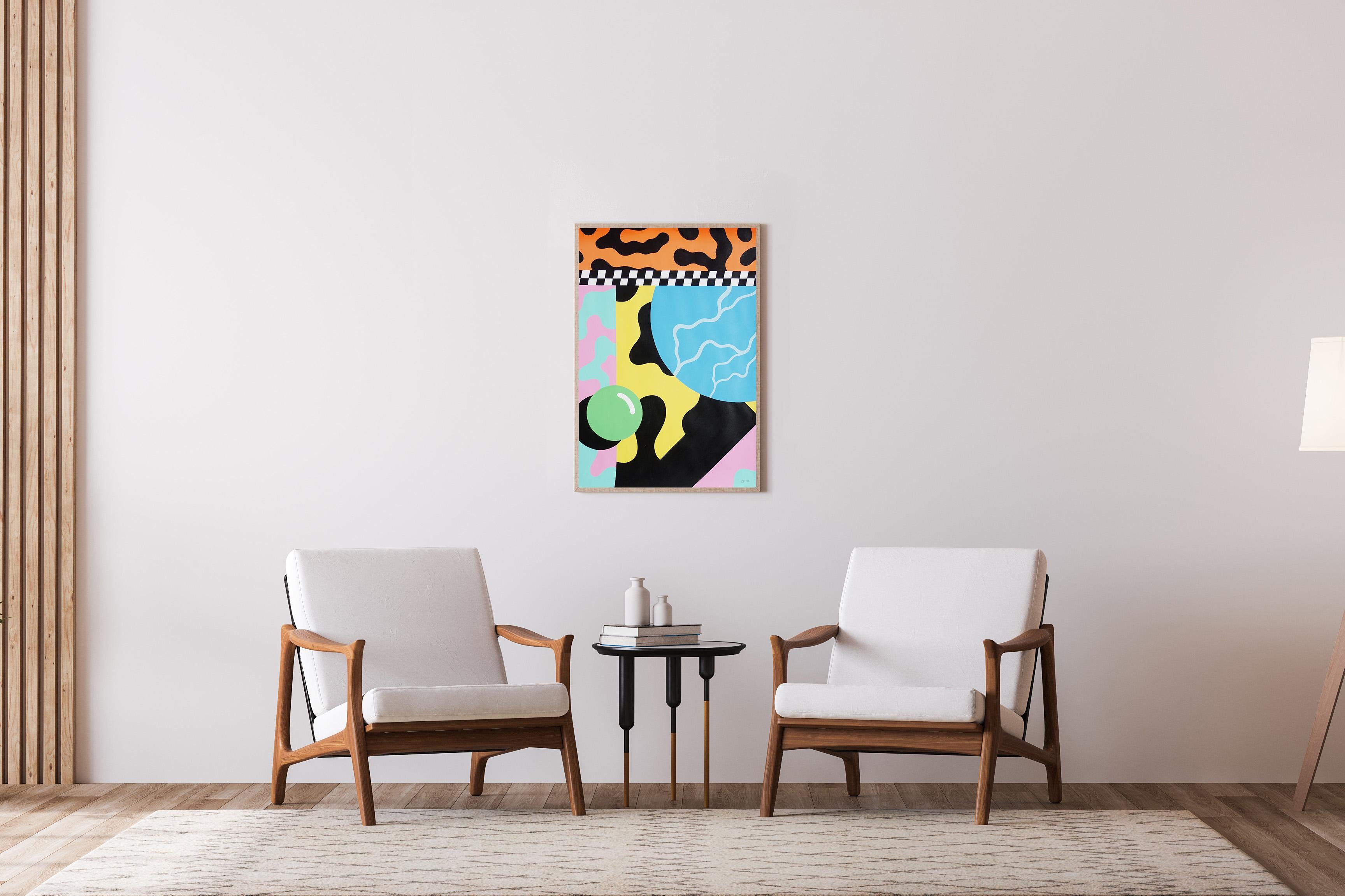 Geometric Urban Shapes in Vivid Tones Painting, Abstract Patterns on Paper For Sale 1