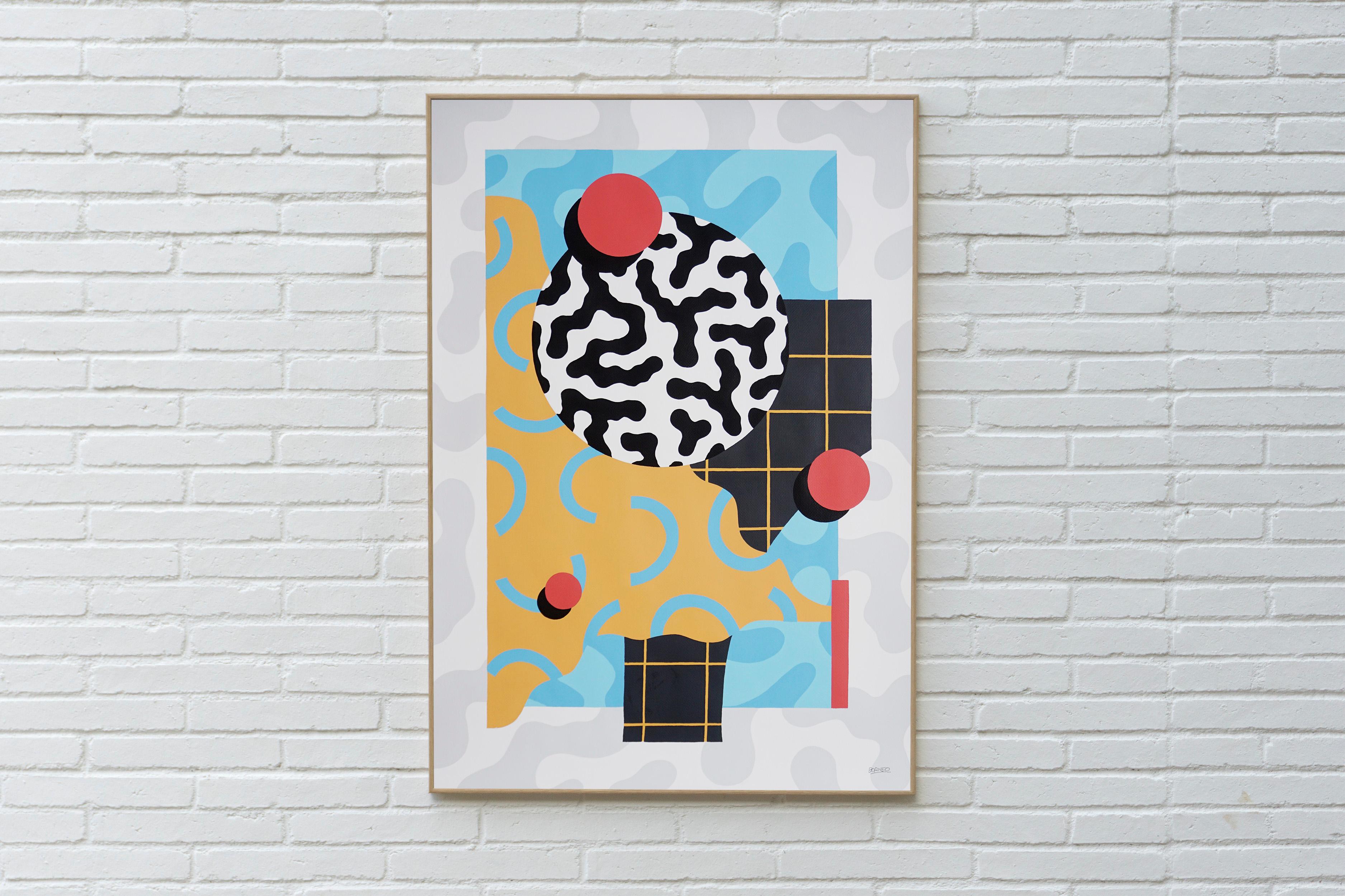 Memphis Patterns Original Painting of Geometric Shapes, Animal Safari Patterns - Gray Abstract Painting by Borneo, Maikol Dasousa 