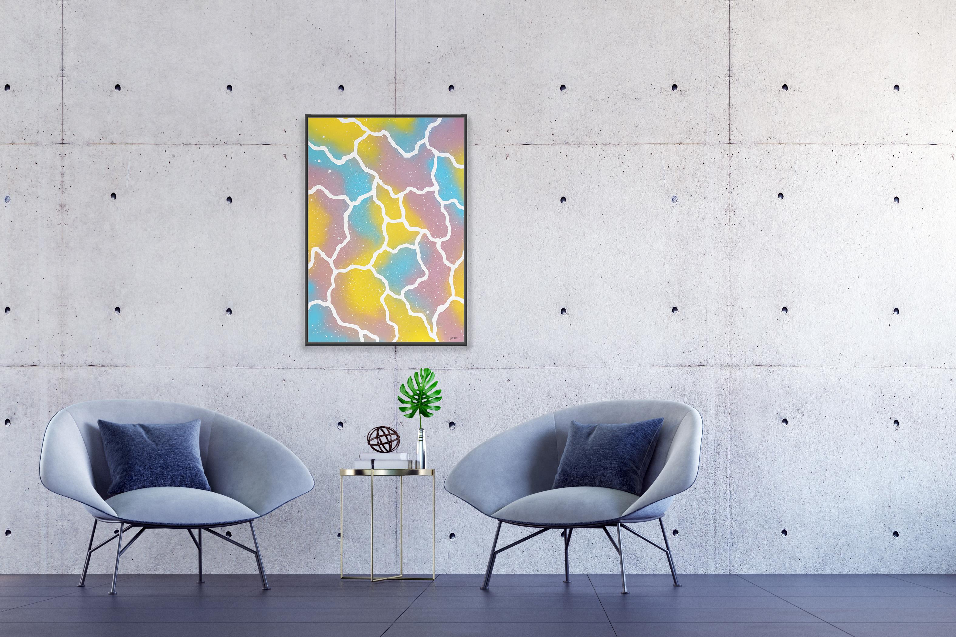 Pastel Tones Clouds, Blue, Yellow, Pink, Blurry Atmosphere, White Beehive Forms - Painting by Borneo, Maikol Dasousa 