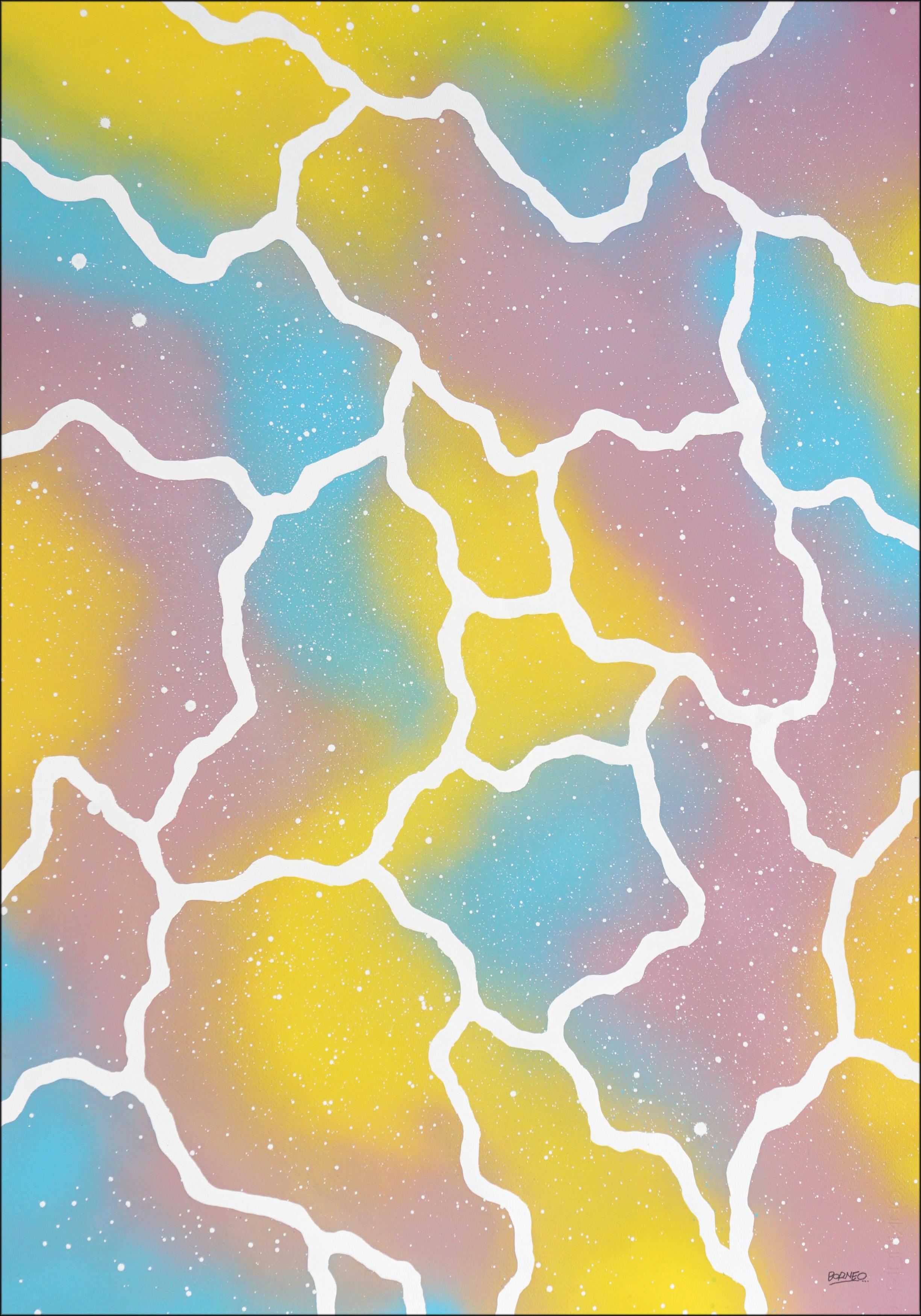 Nubes en tonos pastel, azul, amarillo, rosa, atmósfera borrosa, formas de colmena blanca