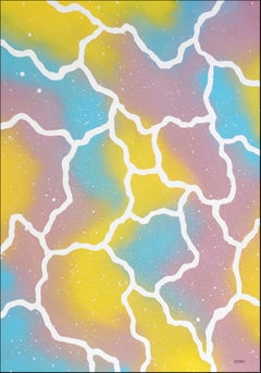 Nubes en tonos pastel, azul, amarillo, rosa, atmósfera borrosa, formas de colmena blanca