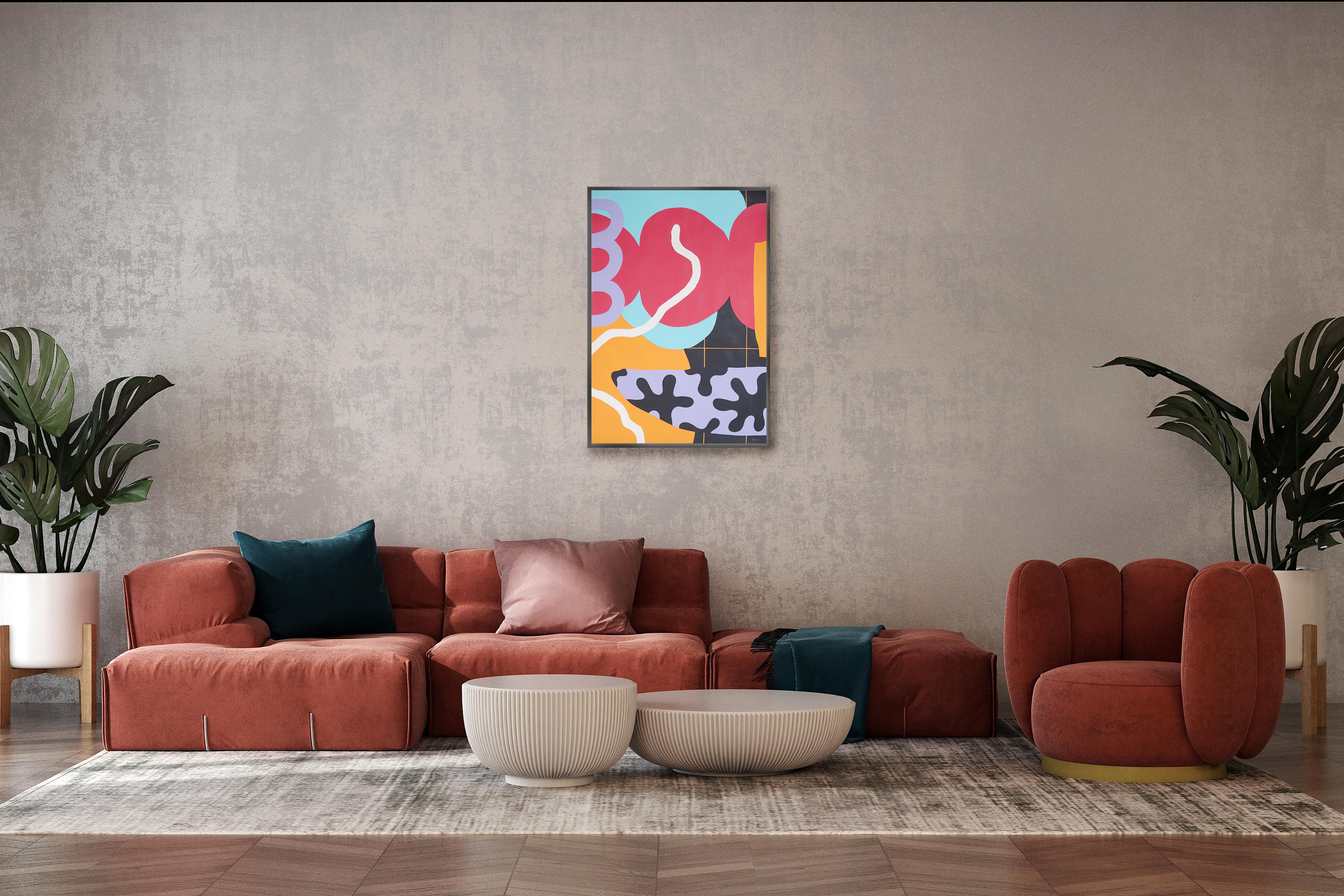 New Pop Painting, Pink, Black Urban Floral Shapes, Vivid Tones, Orange Patterns 1