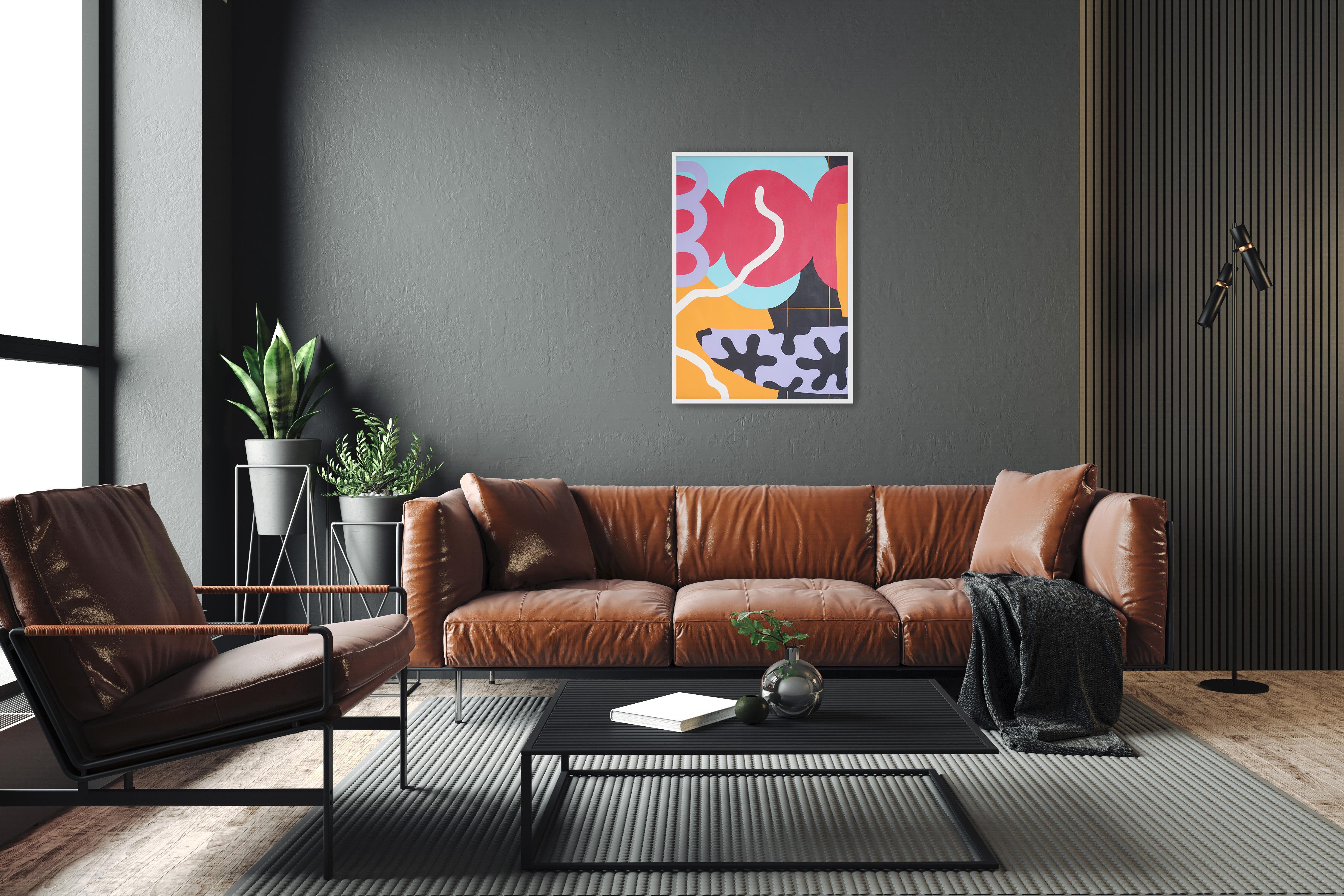 New Pop Painting, Pink, Black Urban Floral Shapes, Vivid Tones, Orange Patterns 3