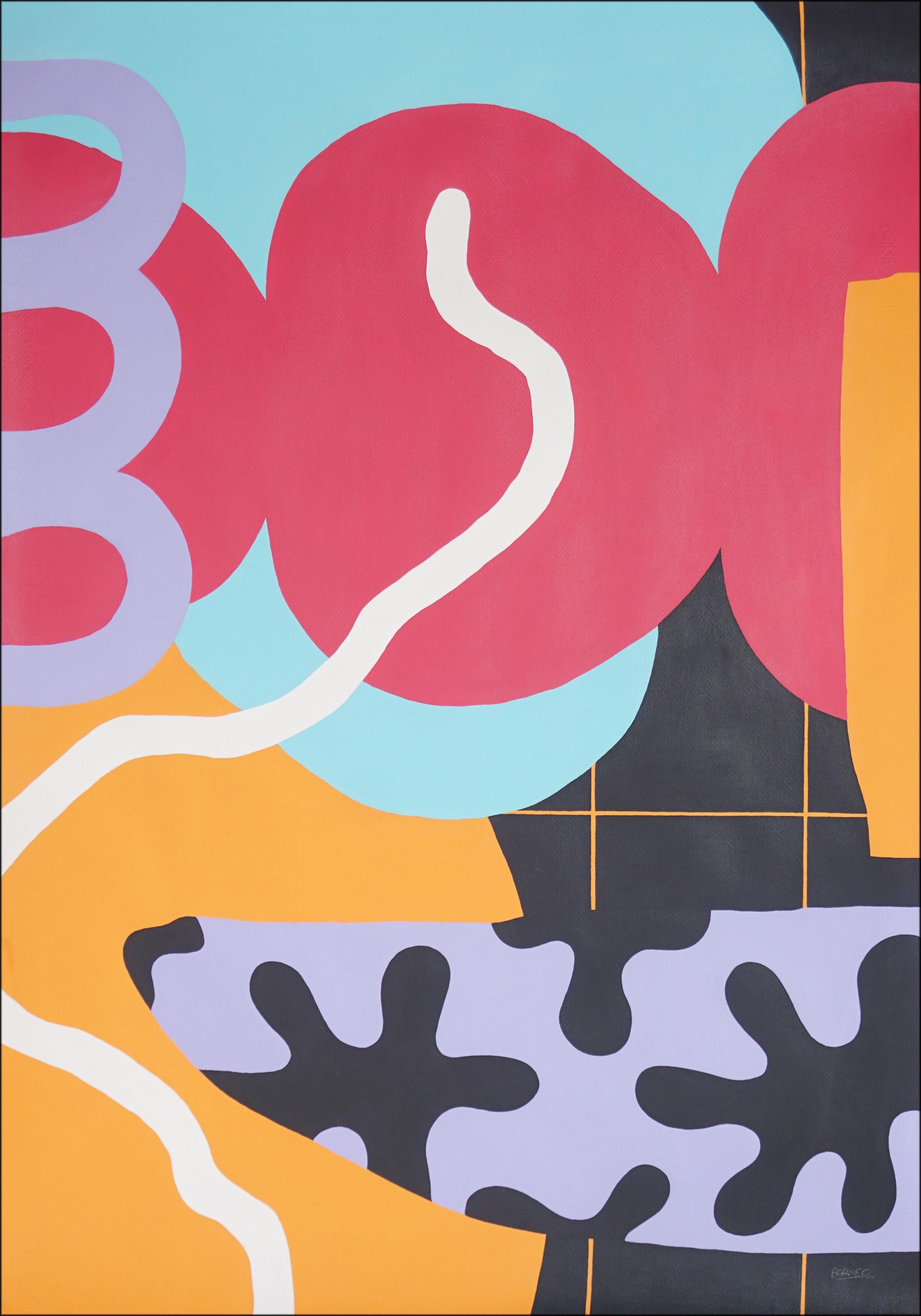 Borneo, Maikol Dasousa  Abstract Painting - New Pop Painting, Pink, Black Urban Floral Shapes, Vivid Tones, Orange Patterns