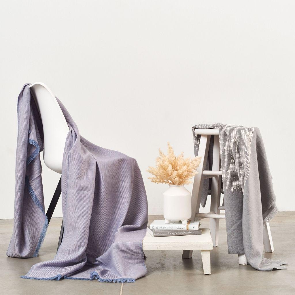 BORO Blue Shade Handloom Throw / Blanket In Pure Soft Merino Twill Weave 2