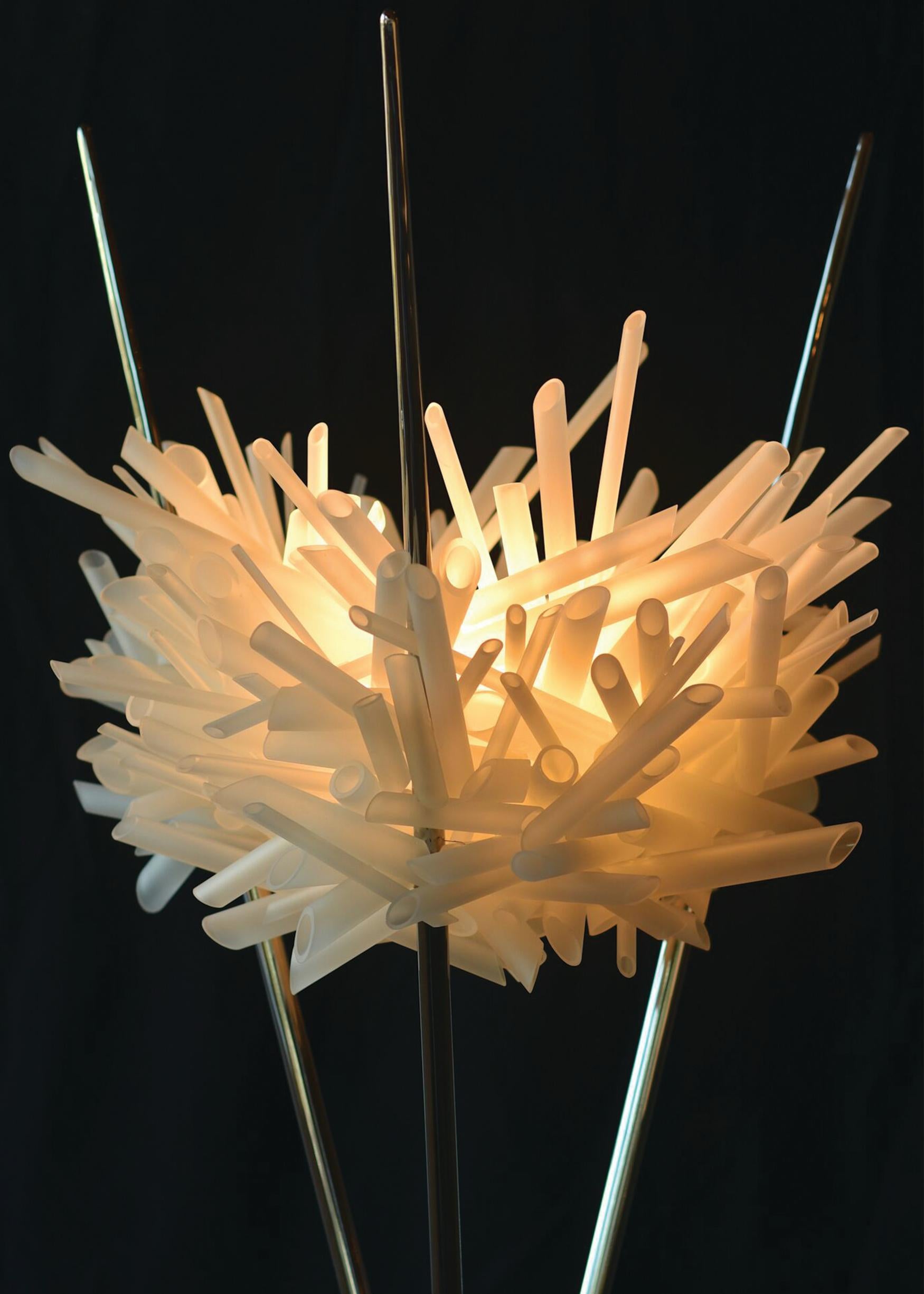 Dynamic, exuberant, and playful from every angle and perspective, The Boro Boro Floor Light functions as a sculptural, efficient light source with an inviting and energetic presence. 
Materials: Borosilicate glass tubes and rods, stainless steel