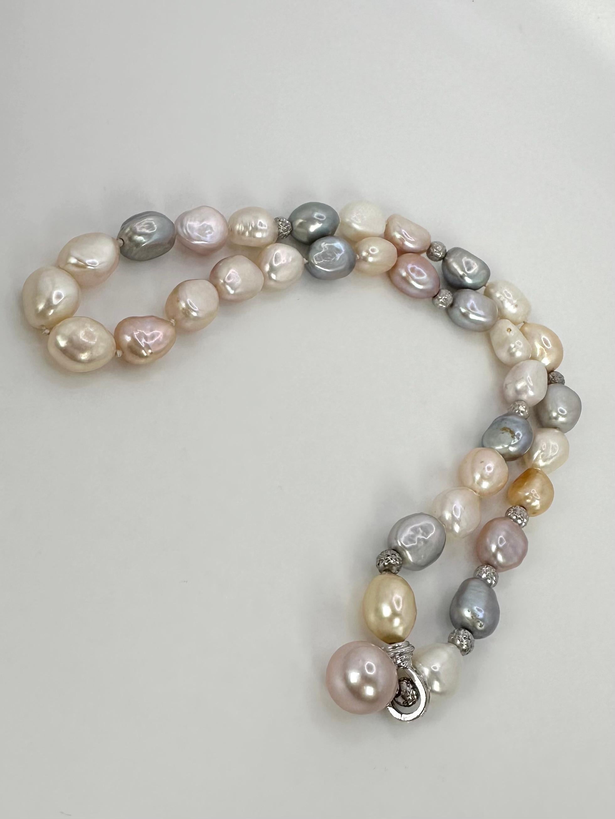 Stunning pastel color natural pearl & diamond necklace in 14KT white gold measuring 20