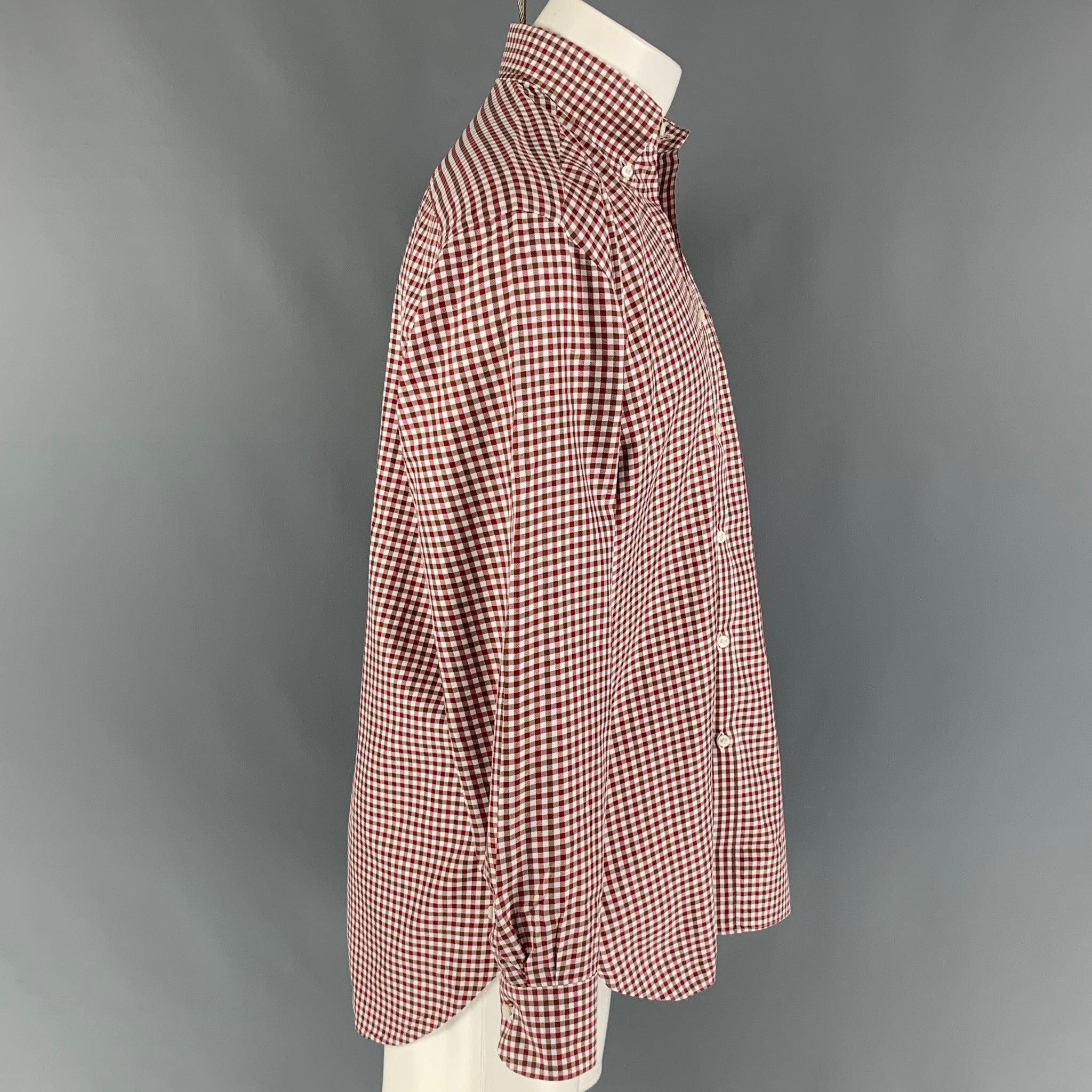 BORRELLI for WILKES BASHFORD long sleeve shirt comes in a white & burgundy checkered cotton featuring a button down collar, patch pocket, and a button up closure. Made in Italy.
Excellent Pre-Owned Condition.  

Marked:   15.5/39  

Measurements: 
