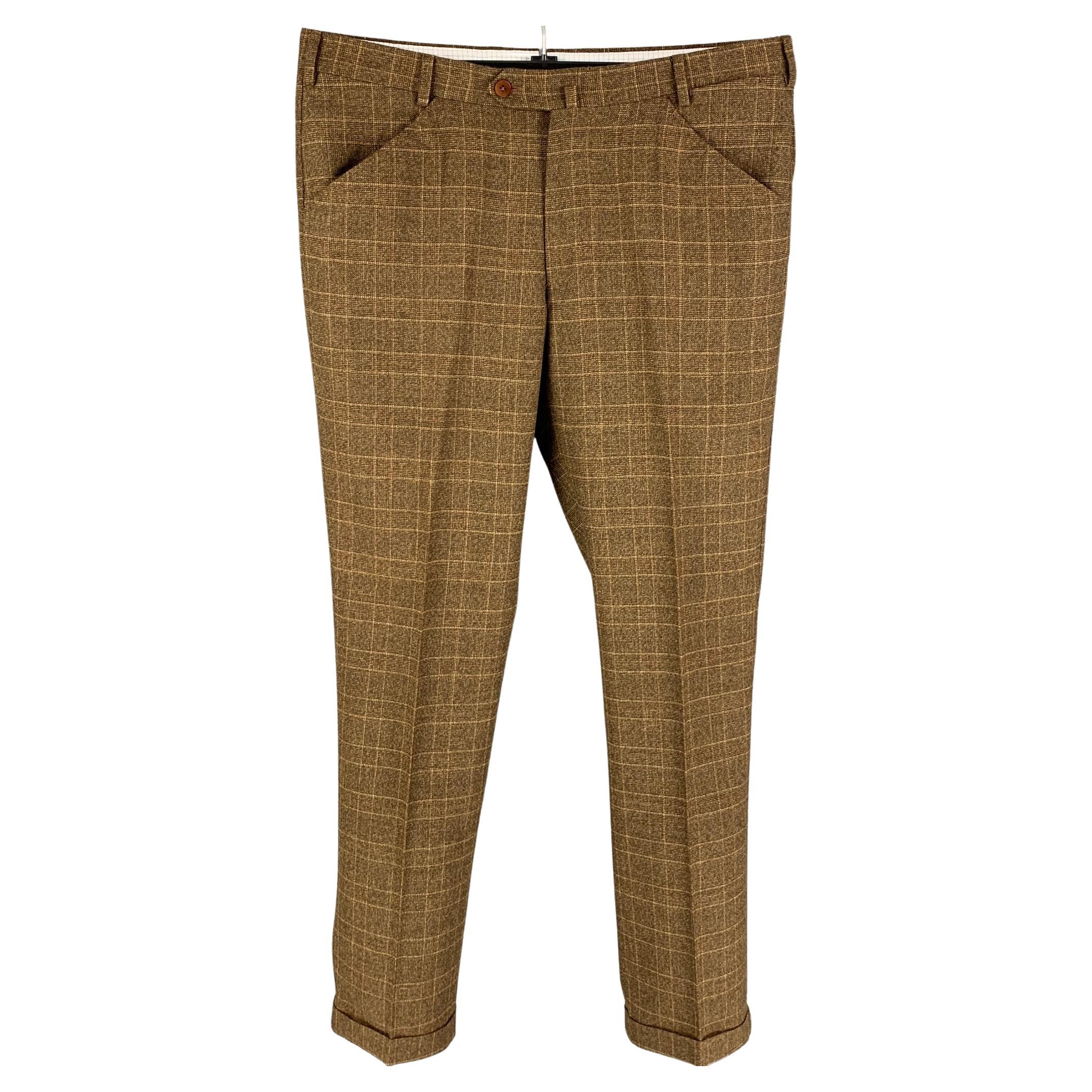 BORRELLI - Pantalon de robe à carreaux en laine polyamide à fermeture  éclair marron et brun clair, taille 38 En vente sur 1stDibs