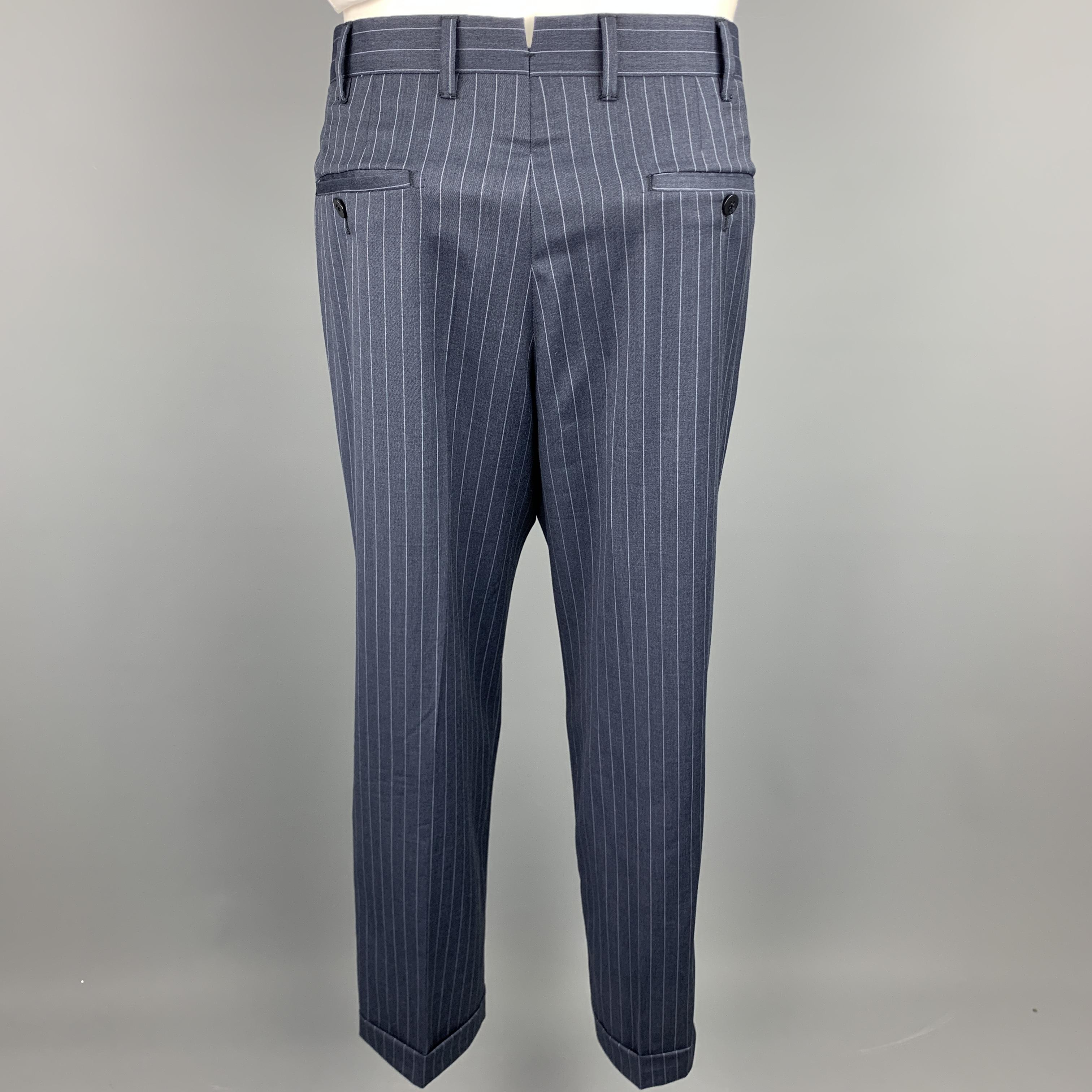 Black BORRELLI Size 40 Navy Stripe Wool Notch Lapel Suit