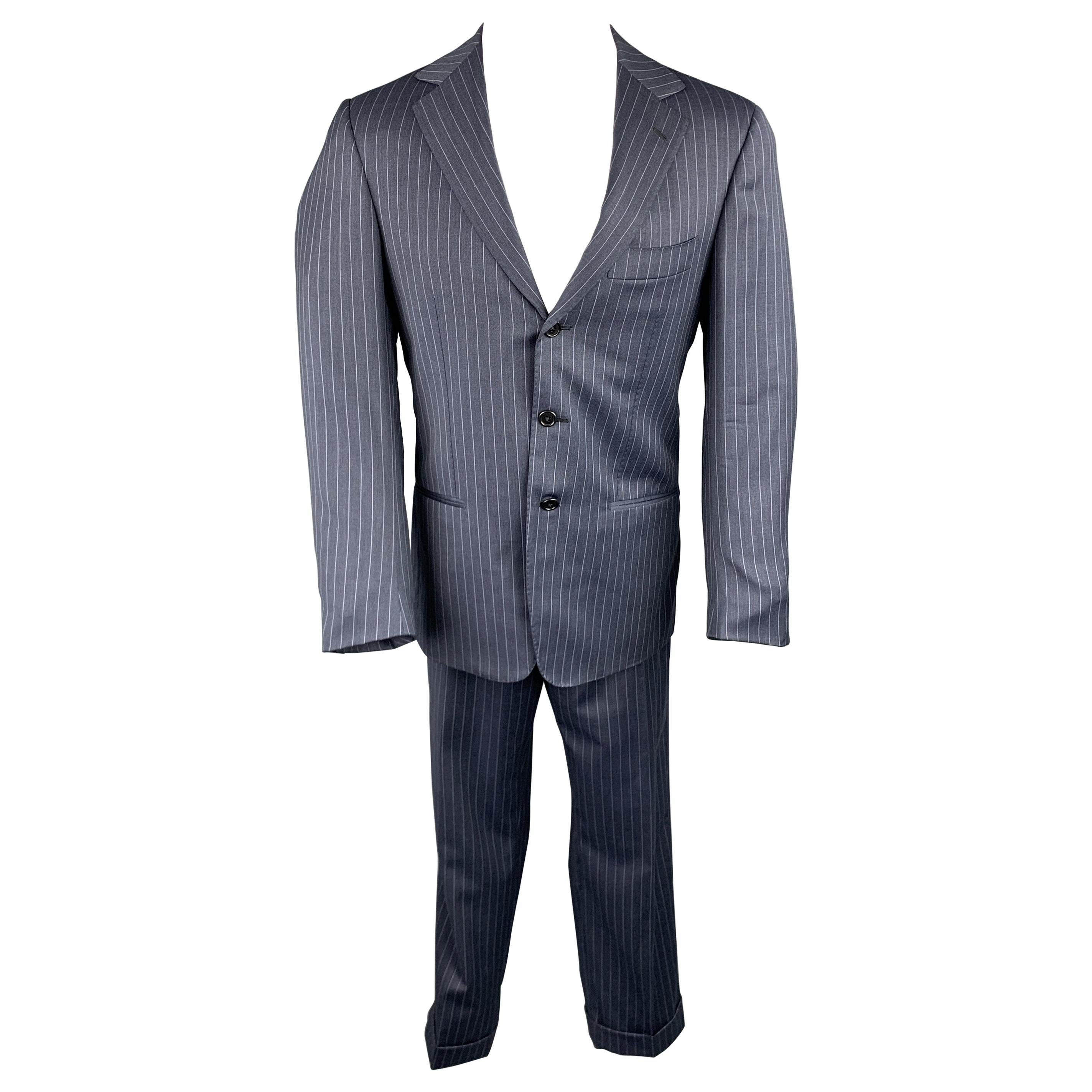BORRELLI Size 40 Navy Stripe Wool Notch Lapel Suit