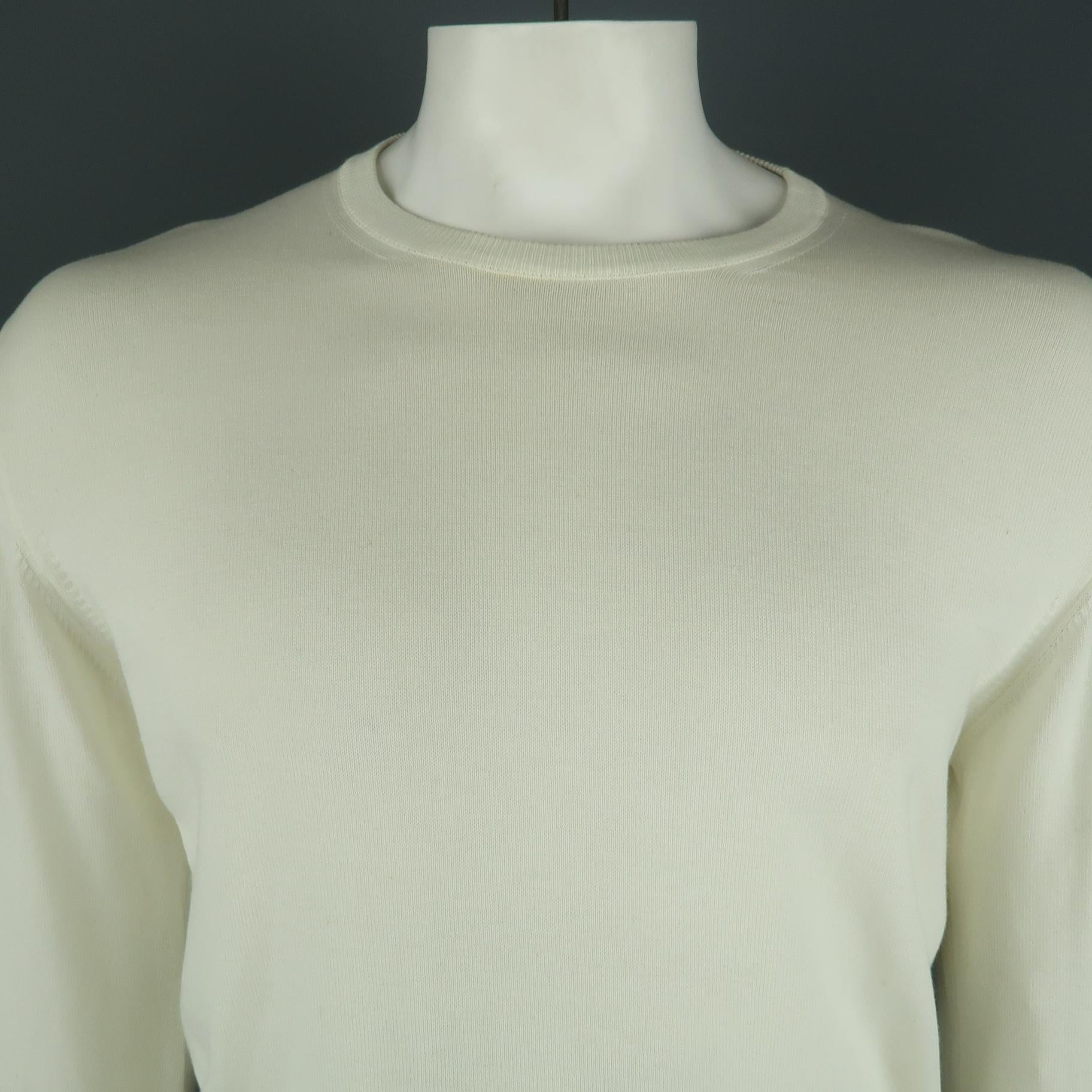 BORRELLI pullover comes in a beige cotton featuring a crew-neck style and stitch details around the arm. Made in Italy.
 
Excellent Pre-Owned Condition.
Marked: IT 52
 
Measurements:
 
Shoulder: 21 in.
Chest: 48 in.
Sleeve: 27 in.
Length: 27.5