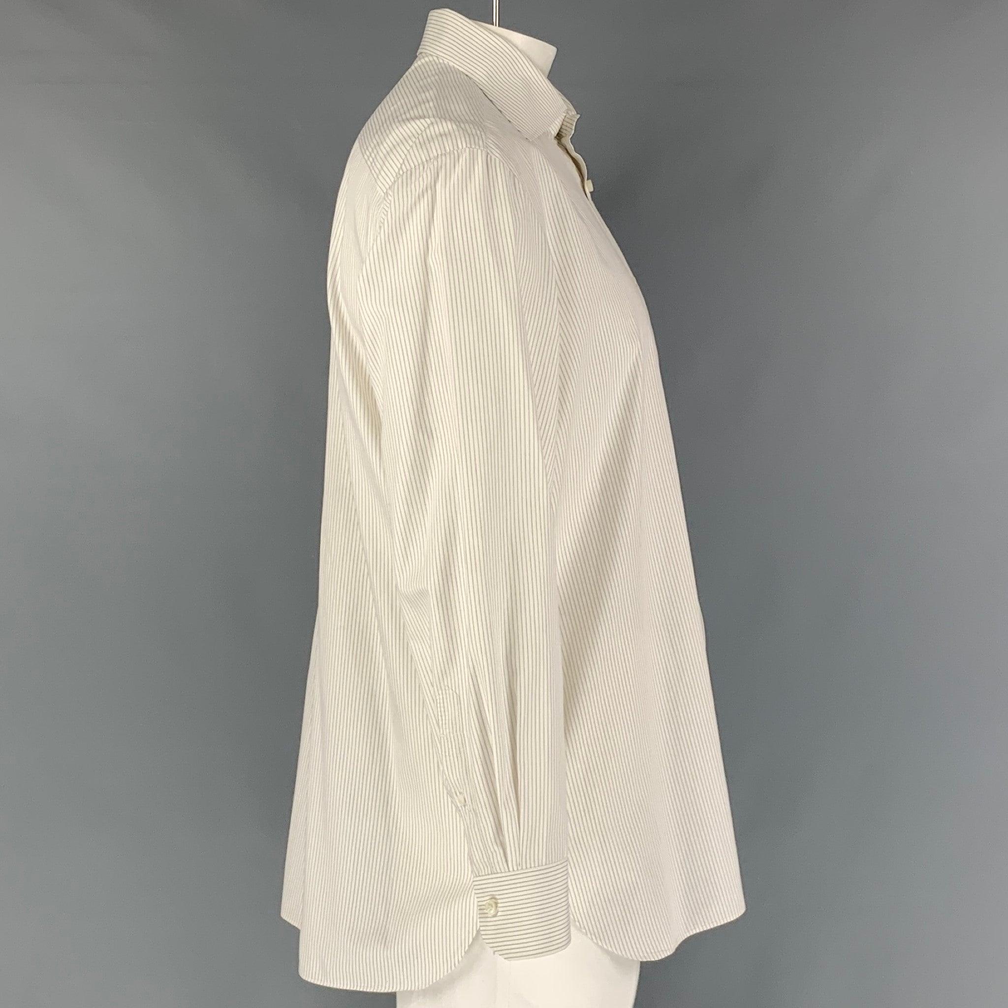 BORRELLI long sleeve shirt comes in white stripped cotton featuring a full cutaway collar and a buttoned closure. Made in Italy.Very Good Pre-Owned Condition. 

Marked:   43-17 

Measurements: 
 
Shoulder: 20 inches Chest: 50 inches Sleeve: 26