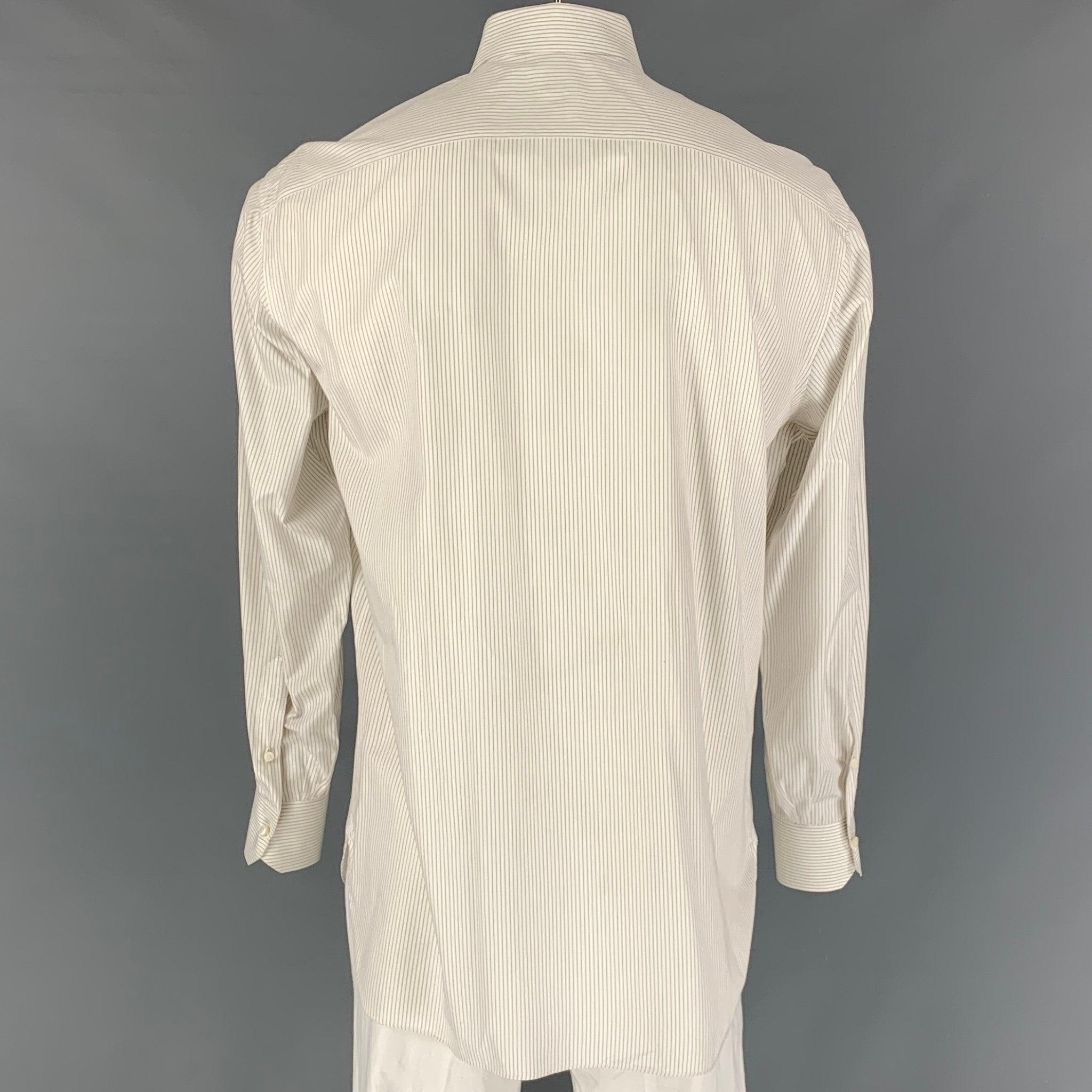 BORRELLI Size L White Stripe Cotton Button Up  Long Sleeve Shirt In Good Condition For Sale In San Francisco, CA