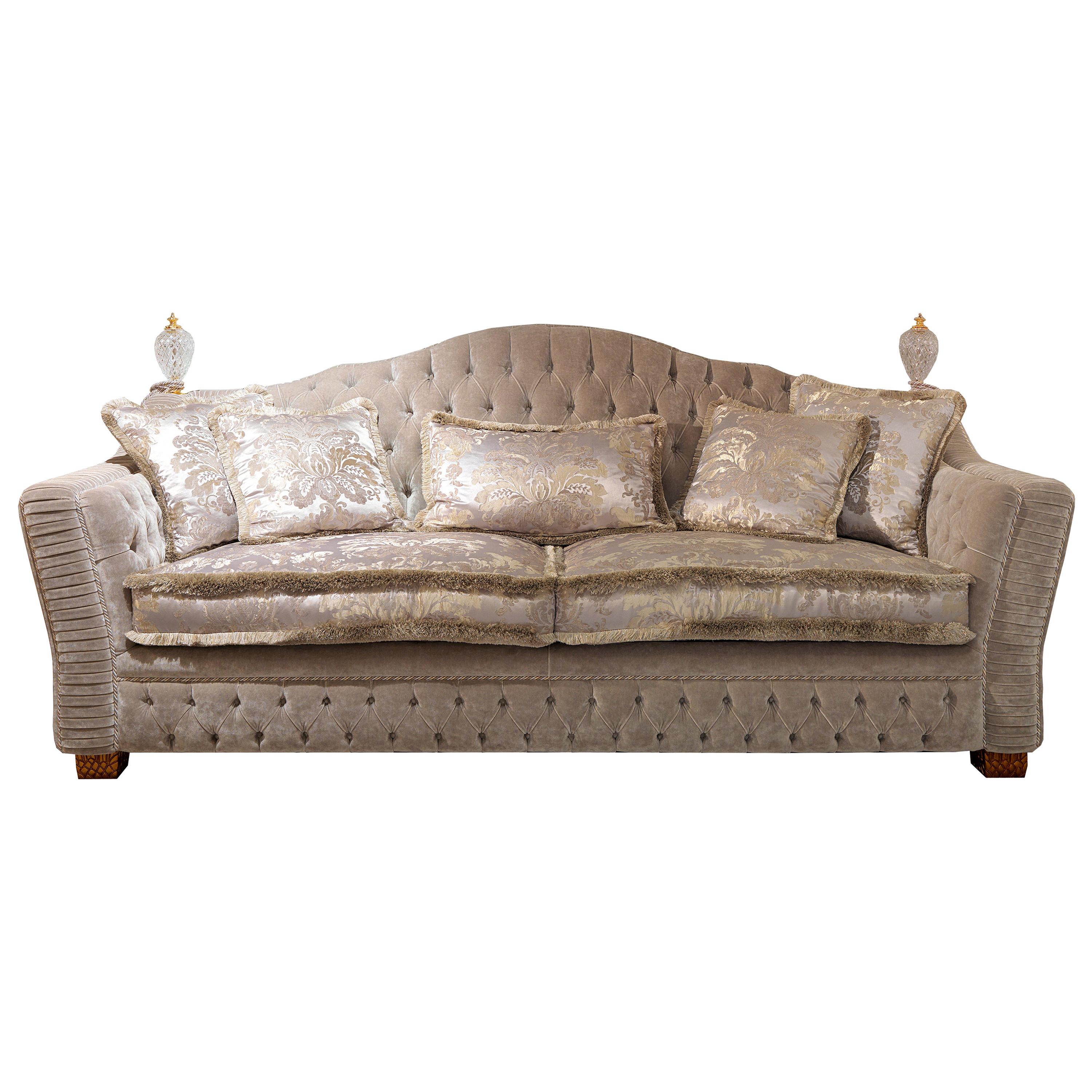 Borromeo Three-Seat Tufted Sofa with Carved Antique Gold Feet by Zanaboni For Sale