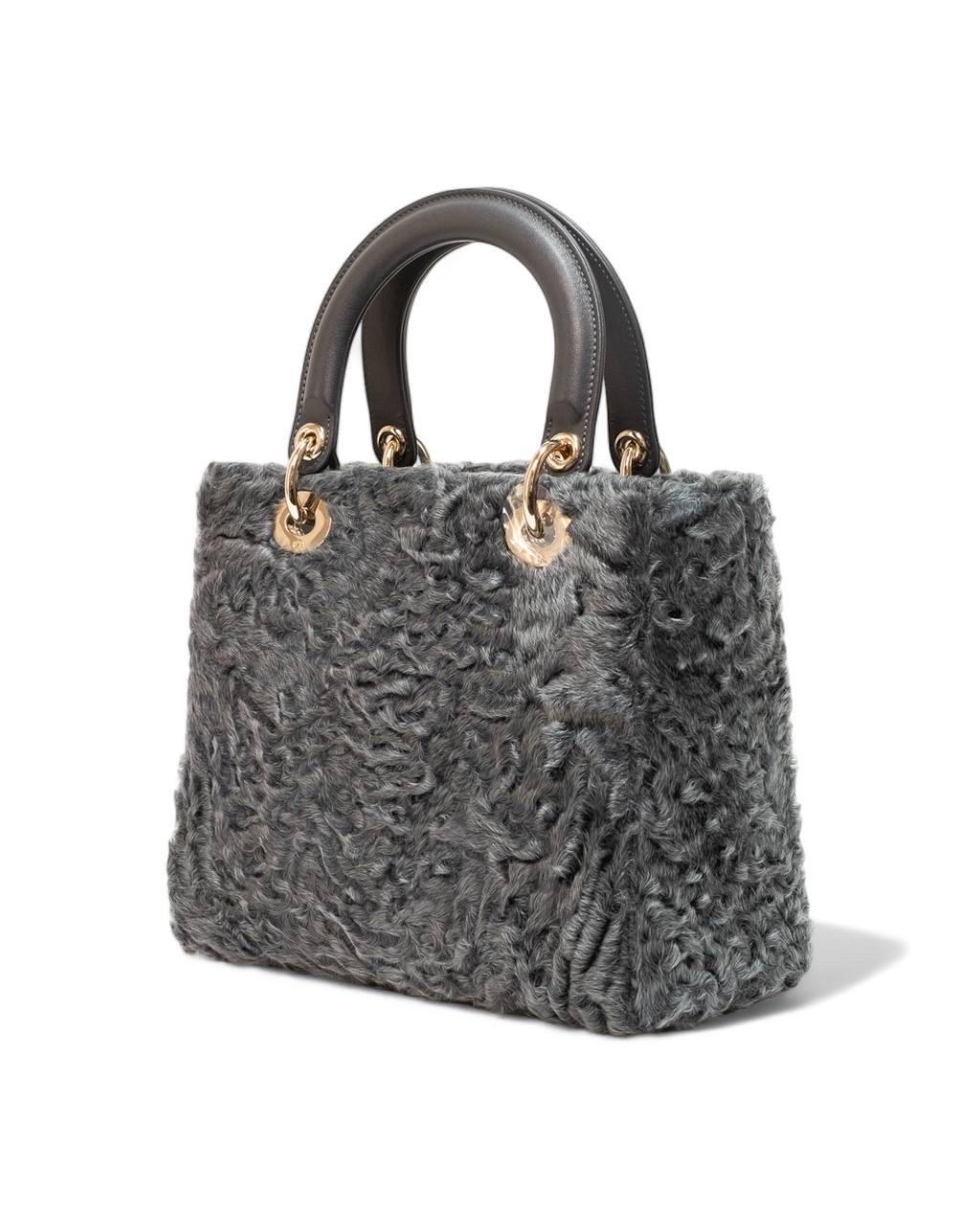Borsa A Mano Dior Lady Medium Fur Grigia For Sale 2