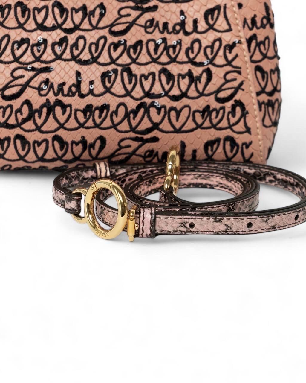 Brown Borsa a Mano Fendi Peekaboo Mini Pitone Rosa Ricamata For Sale