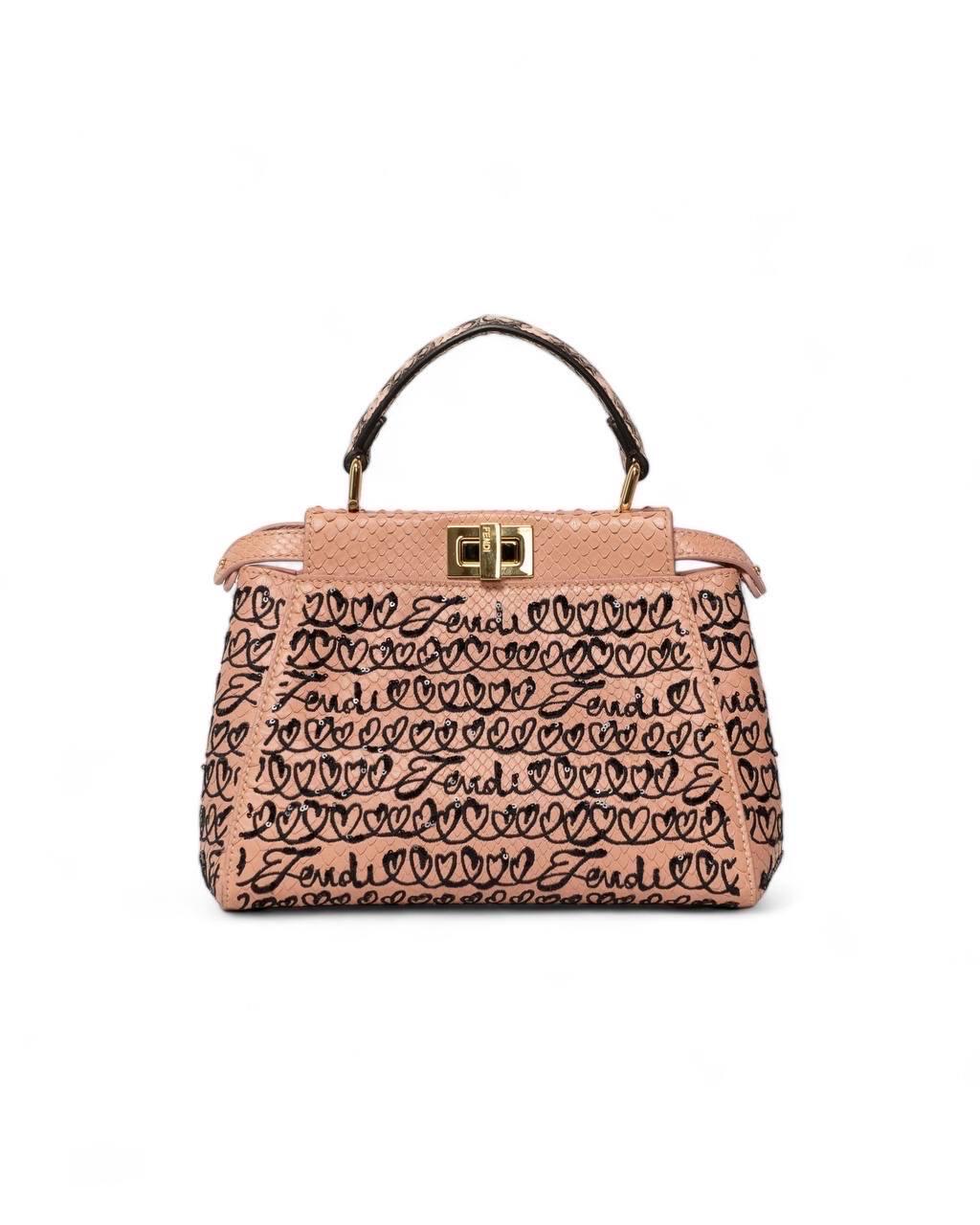 Borsa a Mano Fendi Peekaboo Mini Pitone Rosa Ricamata