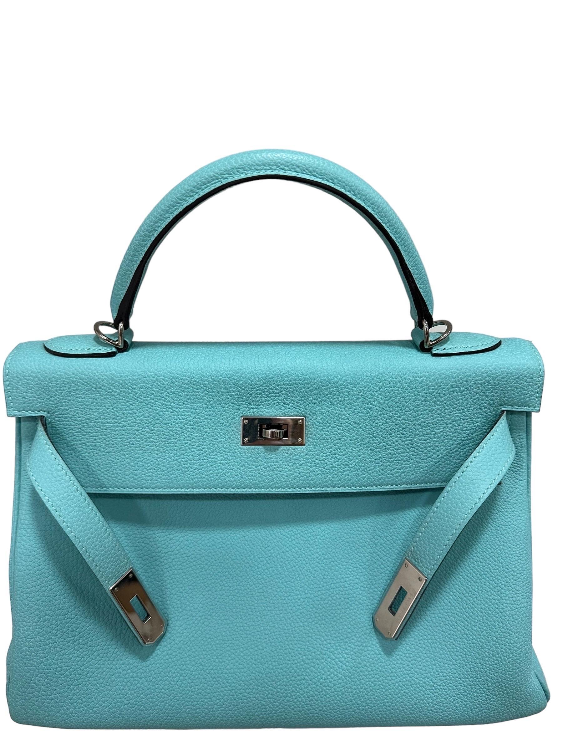 Borsa A Mano Hermès Kelly 32 Clemence Blau Atolle 2014 im Angebot 12