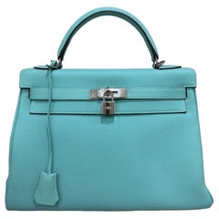 Borsa A Mano Hermès Kelly 32 Clemence Blue Atolle 2014
