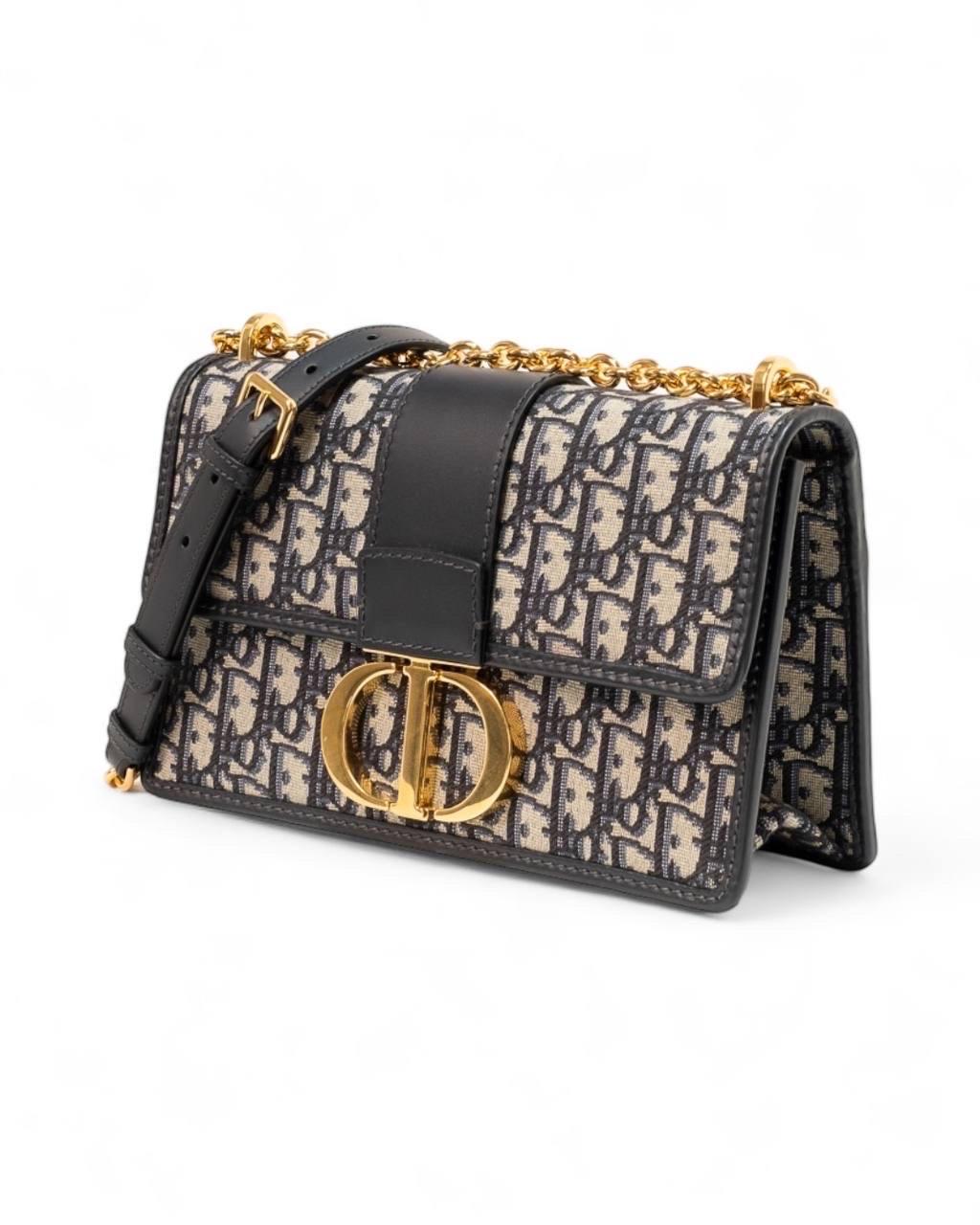 Black Borsa a Spalla Dior 30 Montaigne Chain Jacquarde Oblique Blu