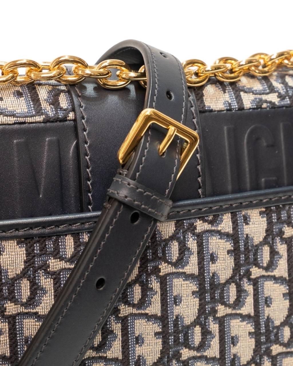 Borsa a Spalla Dior 30 Montaigne Chain Jacquarde Oblique Blu 4