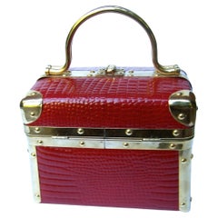 Borsa Bella Italy Embossed Scarlet Red Leather Box Purse c 1980s