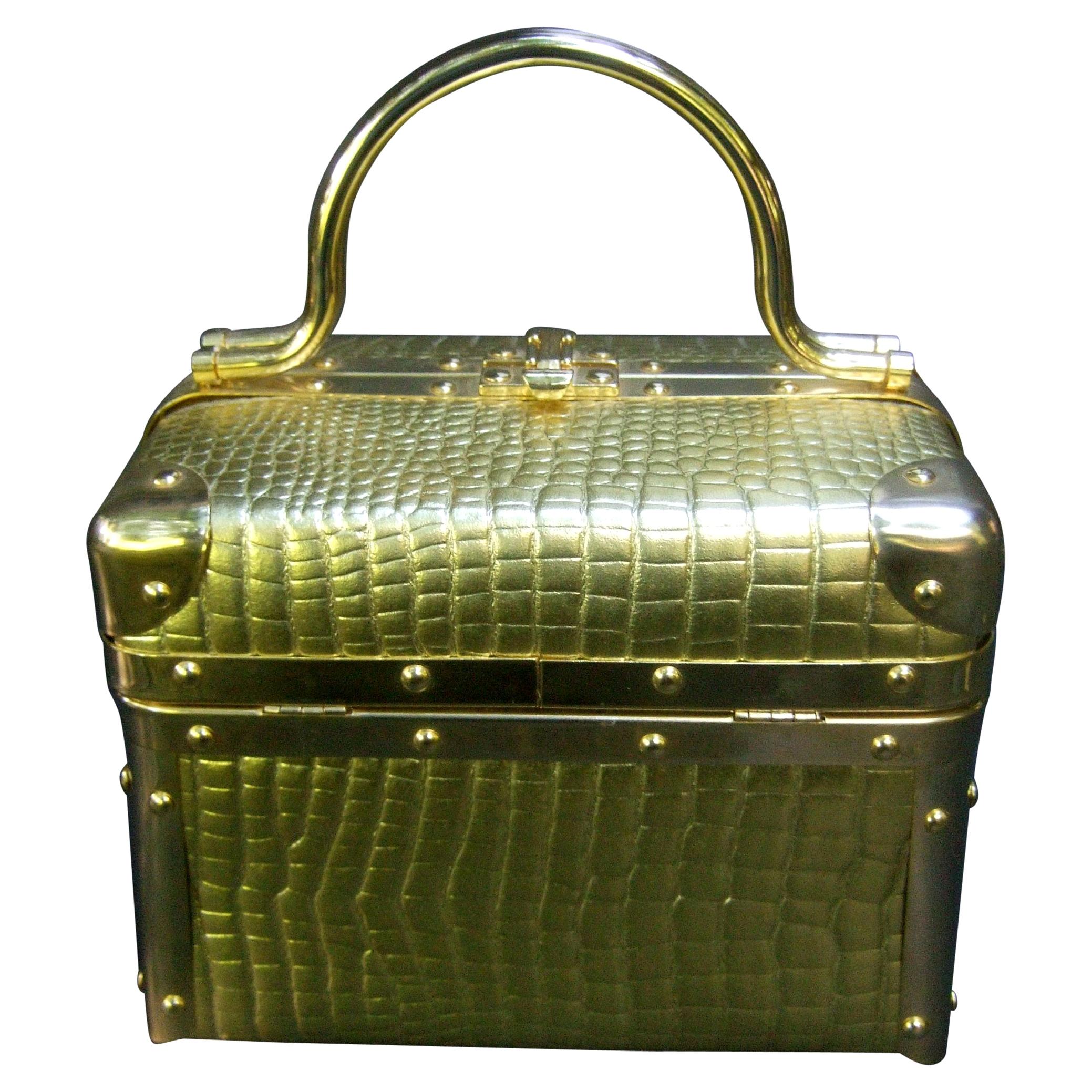 Borsa Bella Italy Gold Metallic Embossed Box Purse c 1980s For Sale