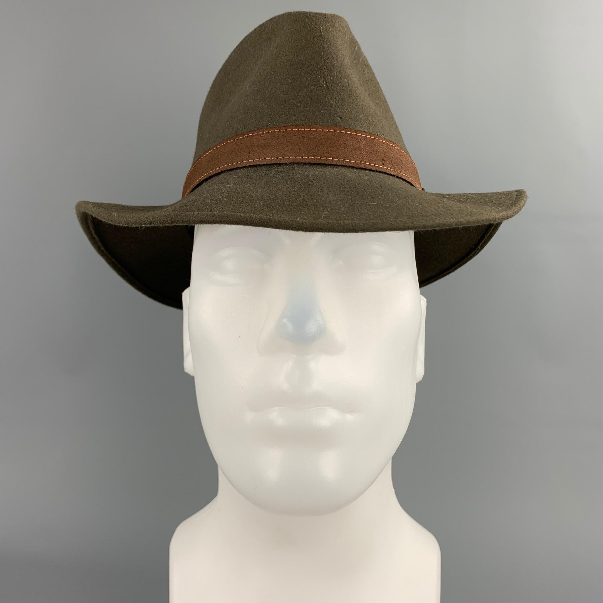 BORSALINO hat comes in a olive felt water repellent material featuring a suede trim. Made in Italy.

Good Pre-Owned Condition.

Measurements:

Opening: 16 in. 
Brim: 2.5 in. 
Height: 4 in. 