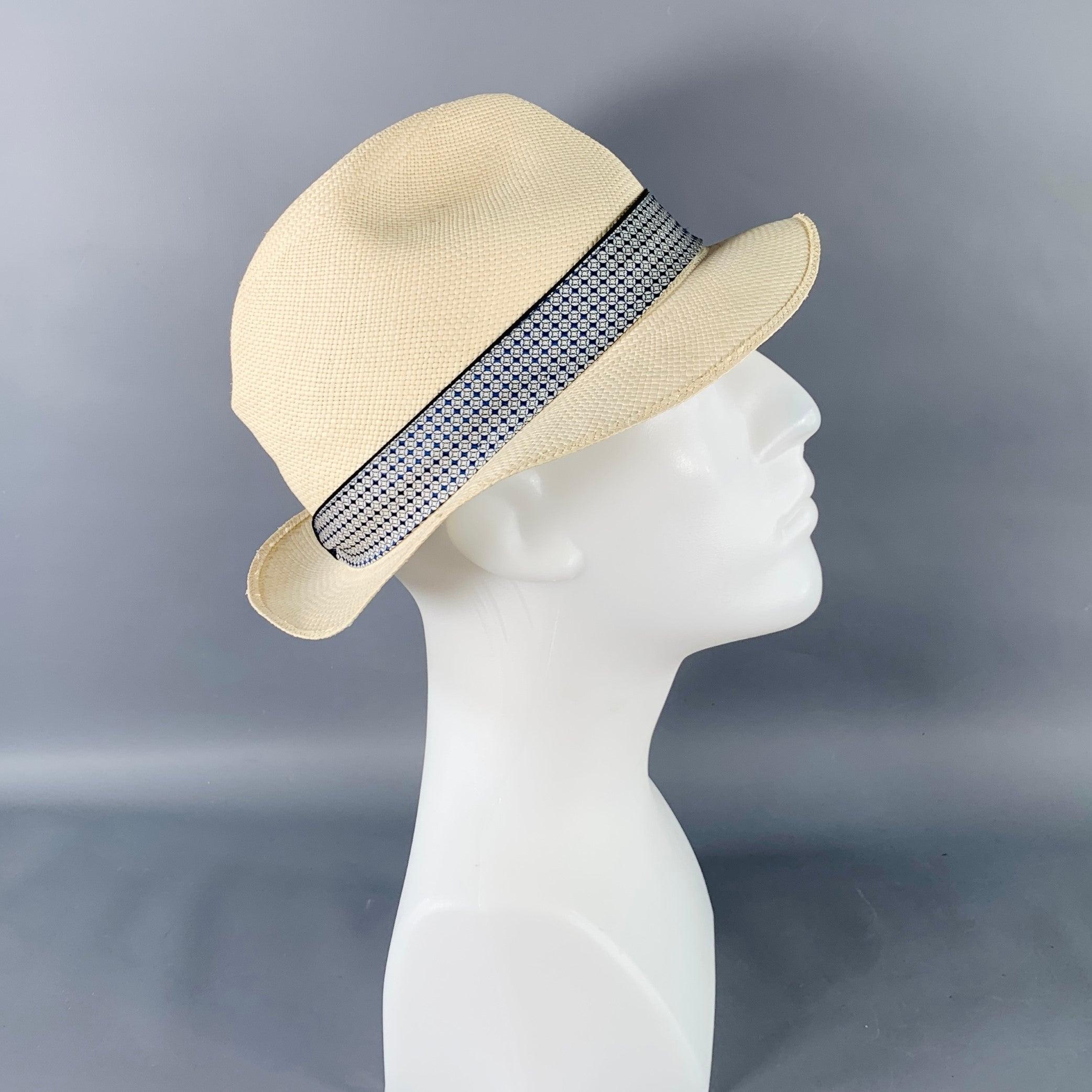 White BORSALINO x PORK PIE HATTERS Cream Blue Woven Straw Fedora Hat