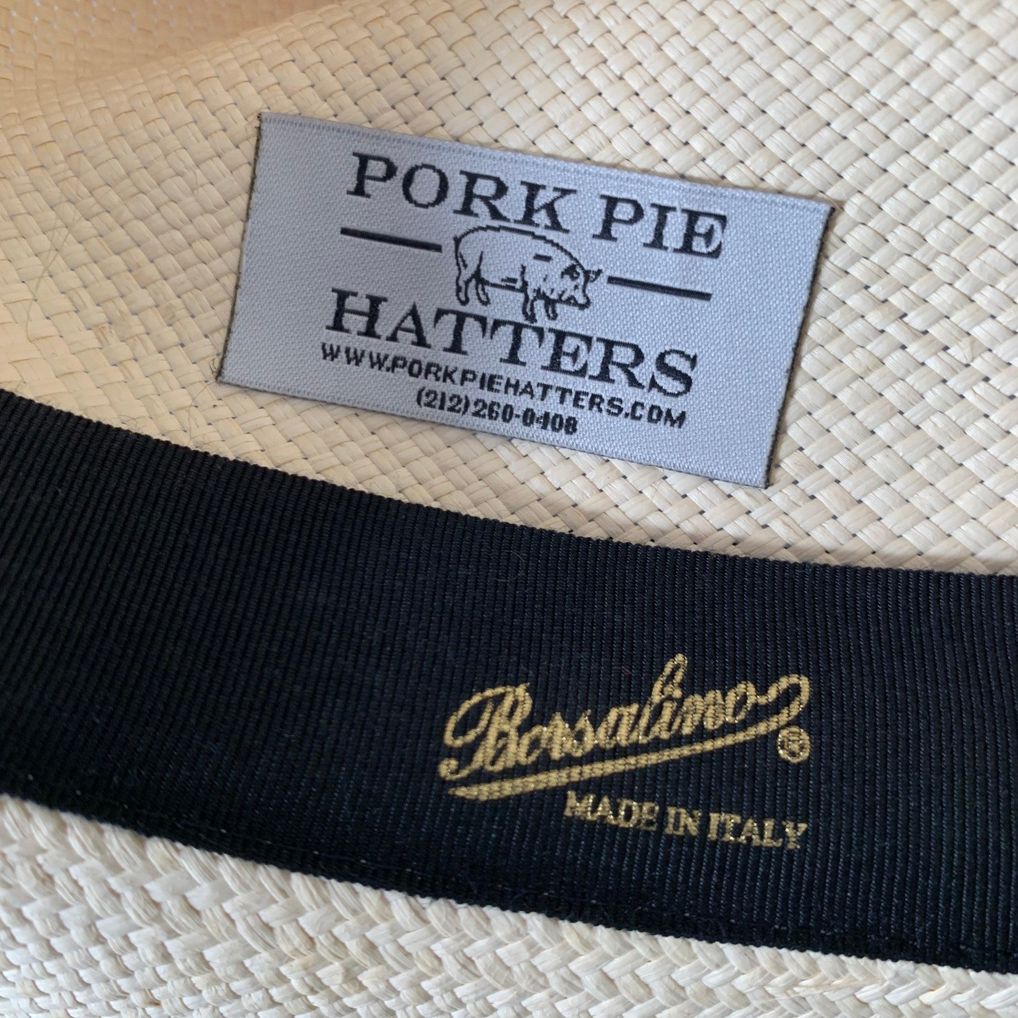 BORSALINO x PORK PIE HATTERS Cream Blue Woven Straw Fedora Hat 1