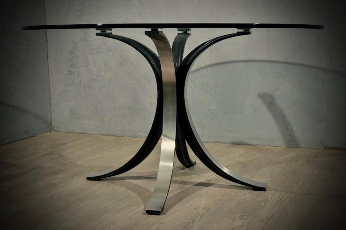 Italian Borsani-Gerli by Tekno Round Glass and Metal Dinning Room Table, 1960 For Sale