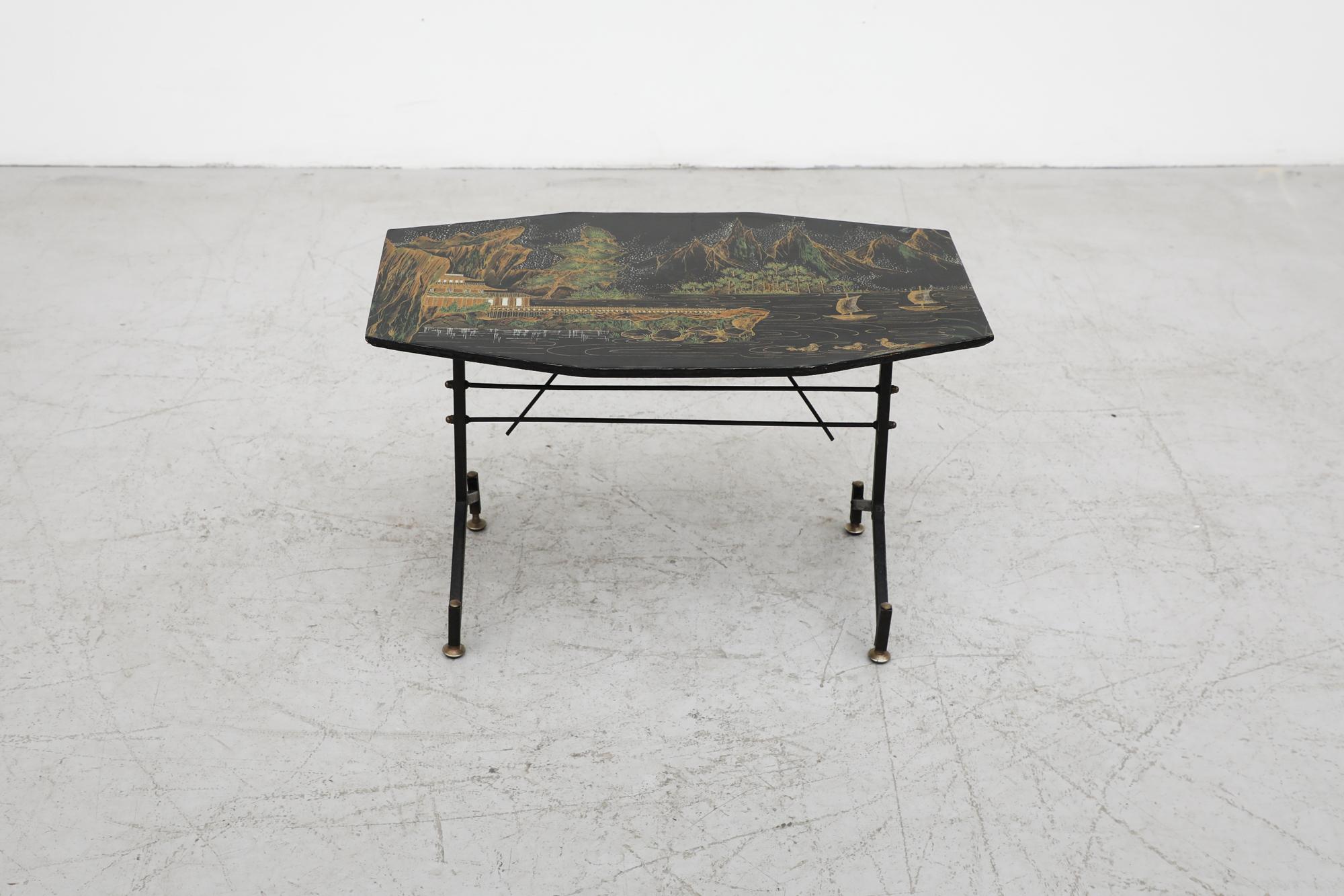 Mid-Century Modern Borsani Inspired Chinese Scenery Hand-Painted Side Table with Black Metal Frame