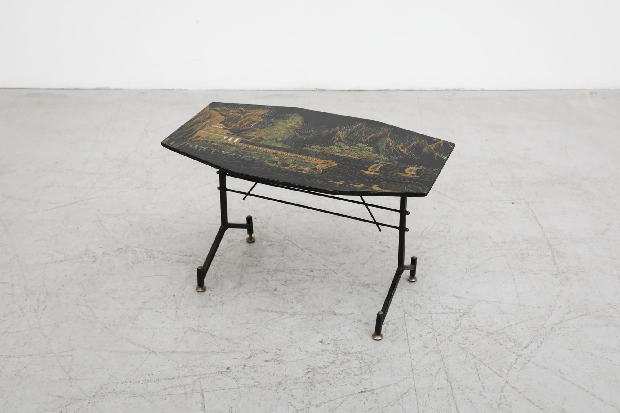 Italian Borsani Inspired Chinese Scenery Hand-Painted Side Table with Black Metal Frame