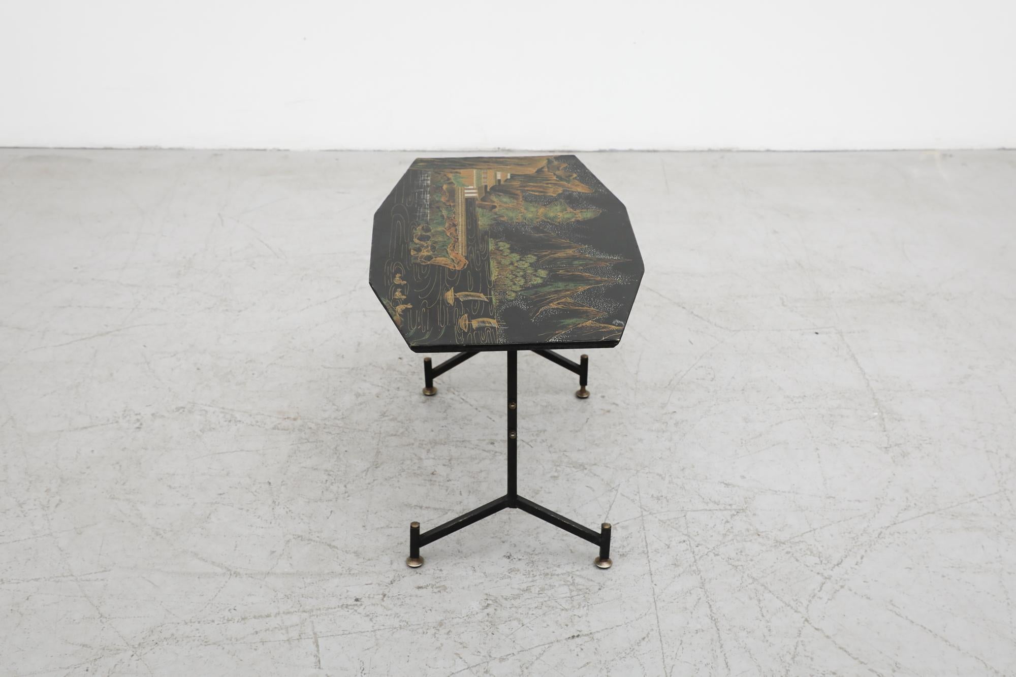 Borsani Inspired Chinese Scenery Hand-Painted Side Table with Black Metal Frame In Good Condition In Los Angeles, CA