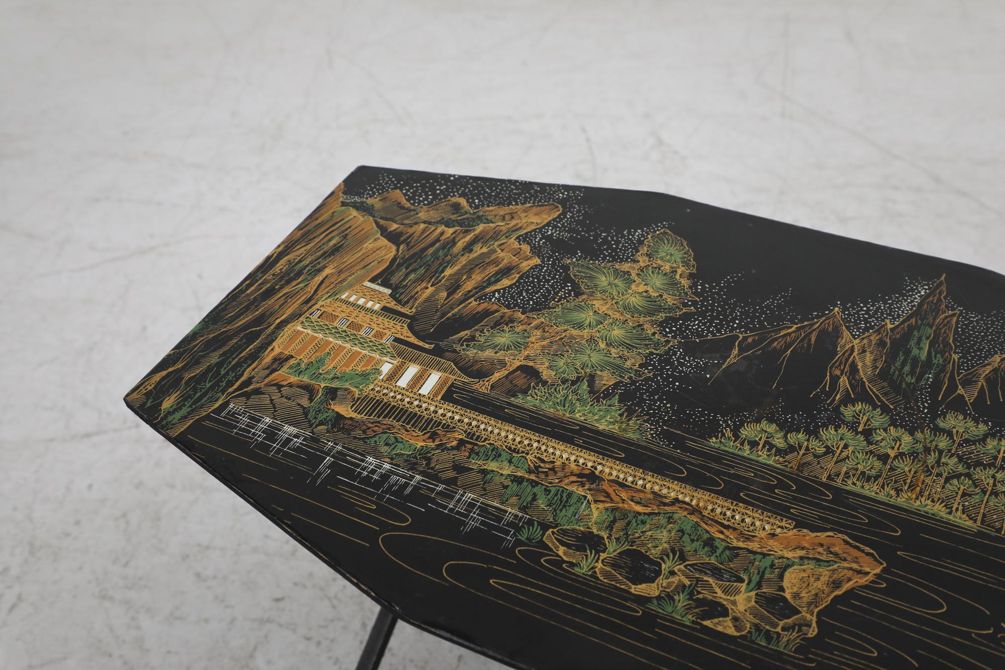 Mid-20th Century Borsani Inspired Chinese Scenery Hand-Painted Side Table with Black Metal Frame