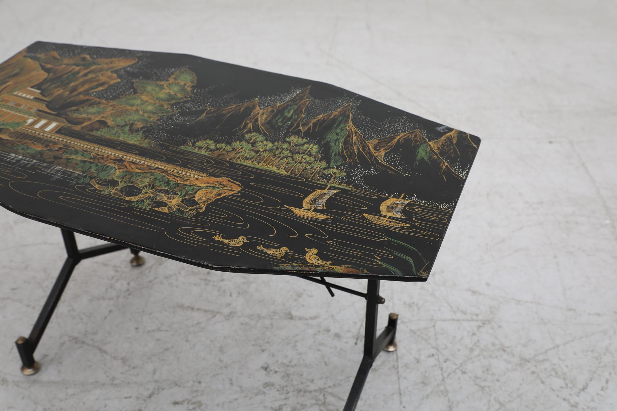 Borsani Inspired Chinese Scenery Hand-Painted Side Table with Black Metal Frame 1
